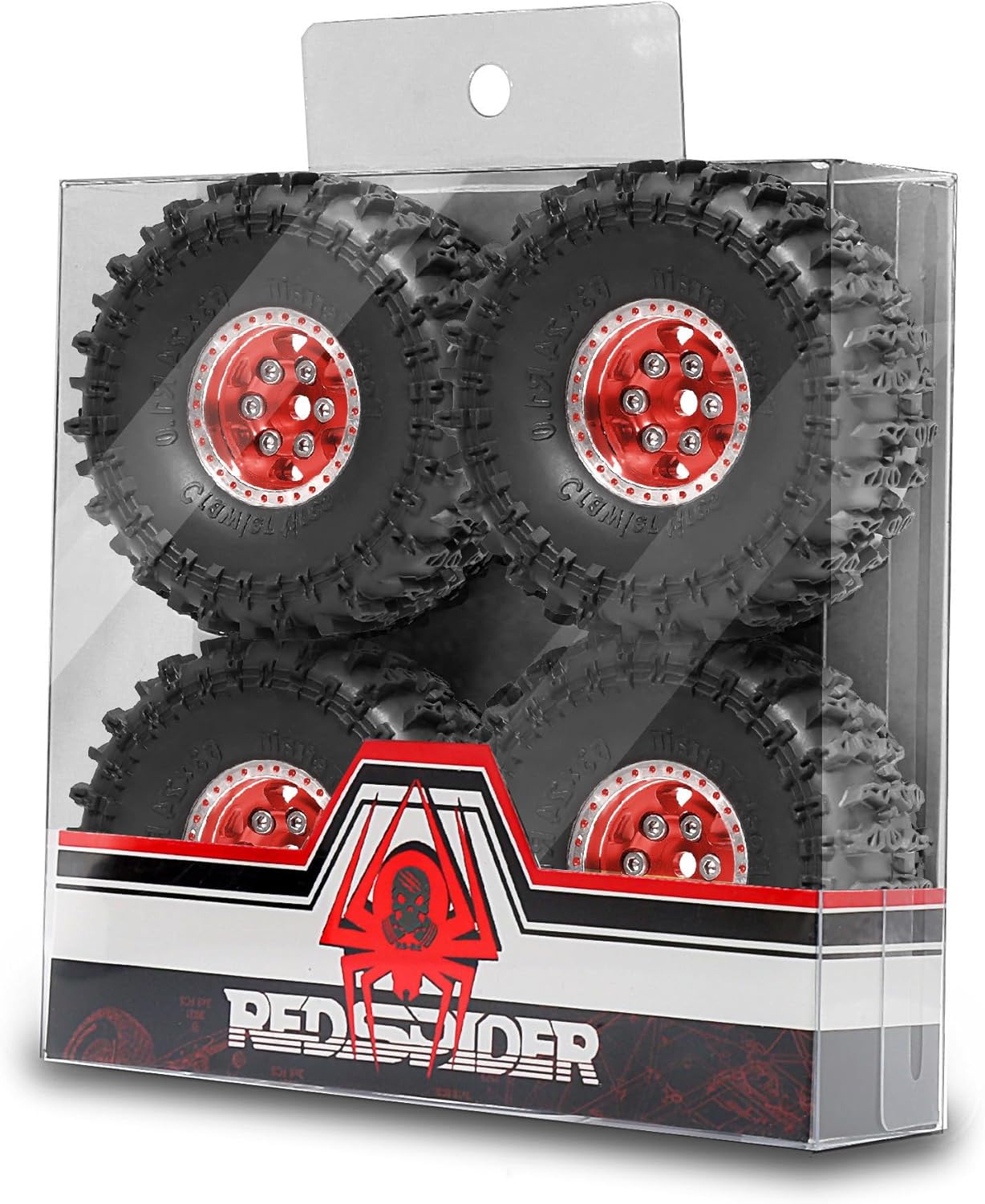 REDSPIDER•1.0'' Aluminum Alloy Beadlock Wheels and tires（4PCS）1.0 Crawler Tires OD 6.48'' for 1：24 1:18 RC Rock Crawler Car SCX24 FCX24 FCX18 TRX4M AX24 90081 Gladiator Bronco C10 (Red)