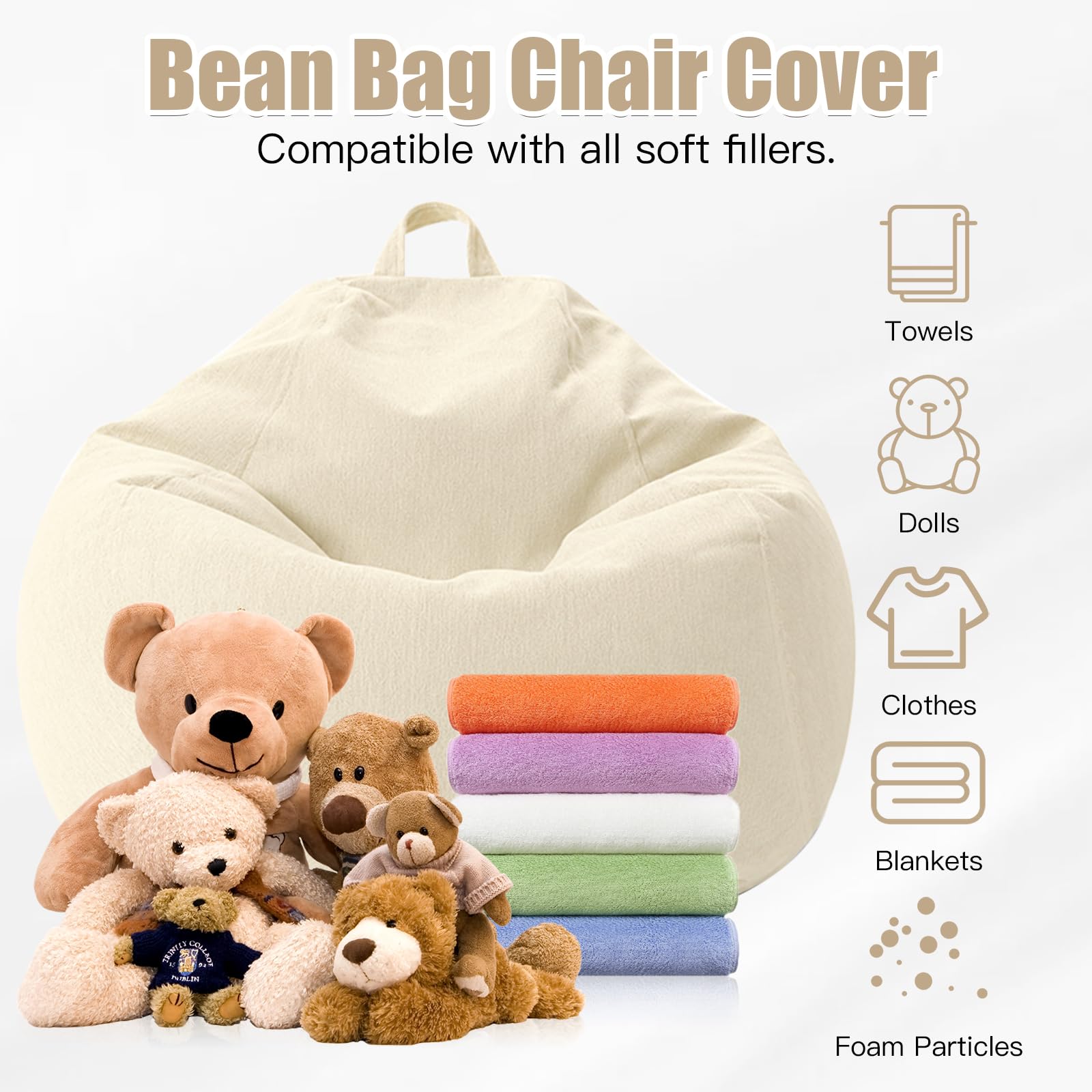 Funda de puf para niños y adultos, solo funda (sin relleno), silla de puf para dormitorio, oficina, sala de estar, terraza (Beige)