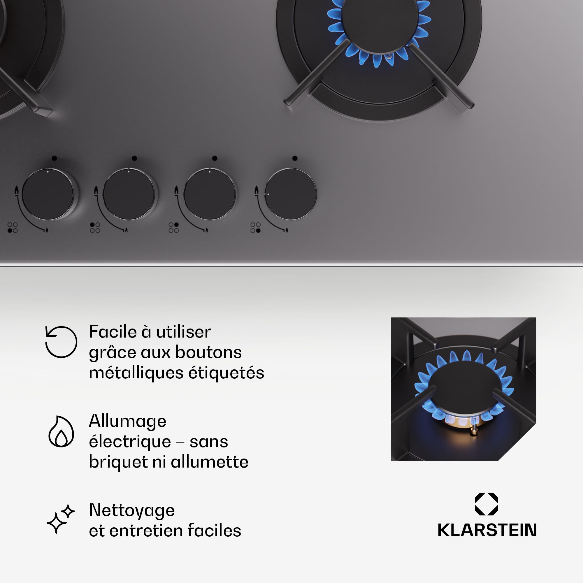Klarstein Tables de Cuisson à Gaz, Plaque de Cuisson Gaz à 4 Brûleurs, Table de Encastrable à 4 Feux de 8000W, Cuisiniere Gaziniere avec Brûleurs en Acier Inoxydable, Cuisinières GPL