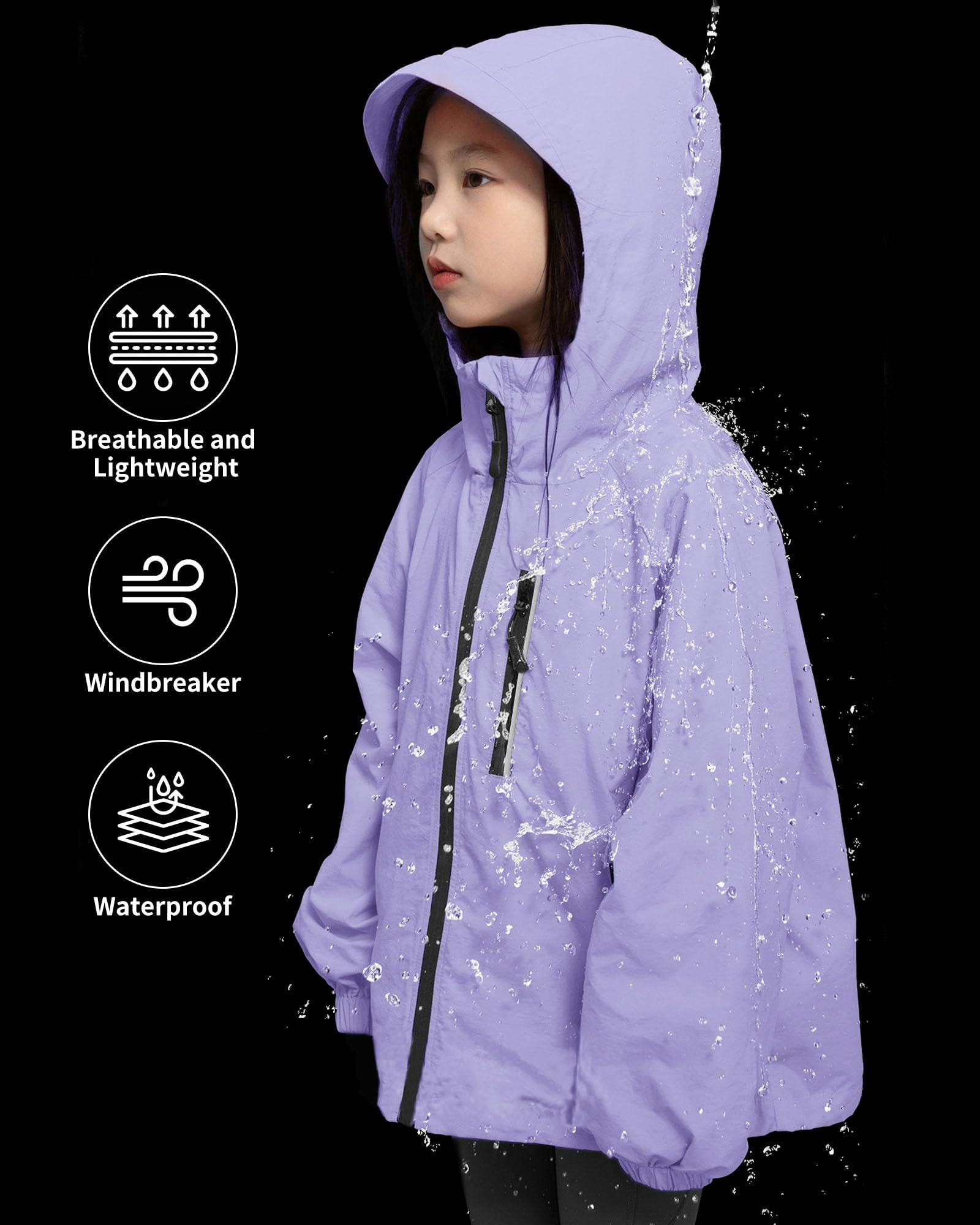 Rolanko Giacca Impermeabile con Cappuccio per Ragazze, Impermeabile Leggera Giacca a vento Giacche da Pioggia Outwear per Bambini Ragazzi 7-14 Anni
