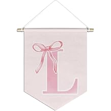 Pink Bow Girls Room Nursery Wall Decor Triangle Banner, Initial L | Preppy Canvas Hanging Pennant Flag, Coquette Pink Bow Initial L Gifts for Women Teen Girls Nursery Bedroom Decor