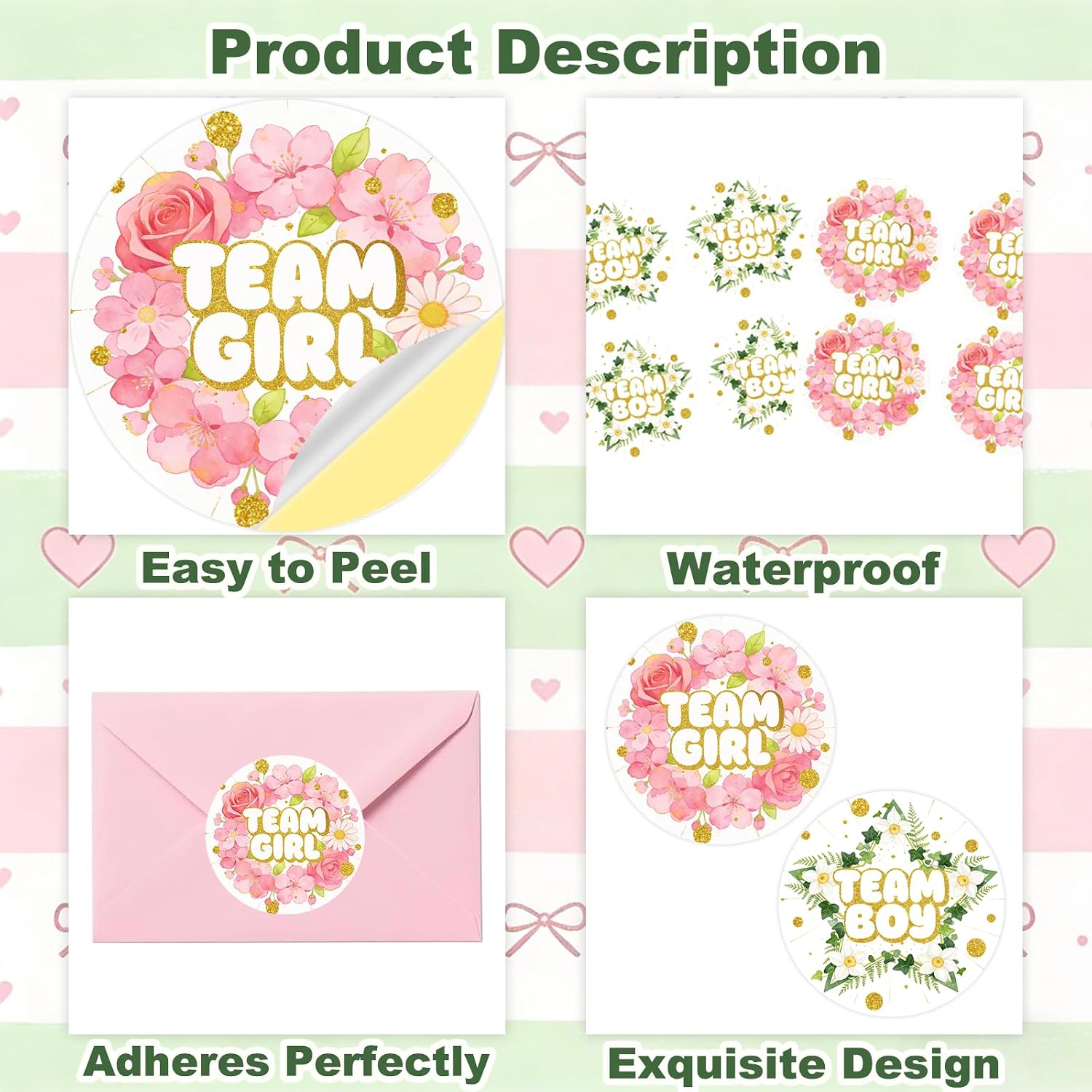 180pcs Team Boy or Girl Gender Reveal Stickers 2" Floral Pink Green Flowers Baby Shower Voting Labels Party Supplies