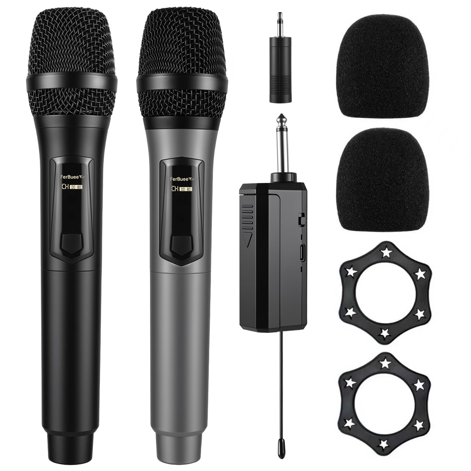 Microphone sans Fil Micro à Main Double avec Récepteur Rechargeable, Sortie 1/4”, 1/8" pour Amplificateur, Système de Sonorisation, Karaoké, Église, Réunion (Noir & Gris)