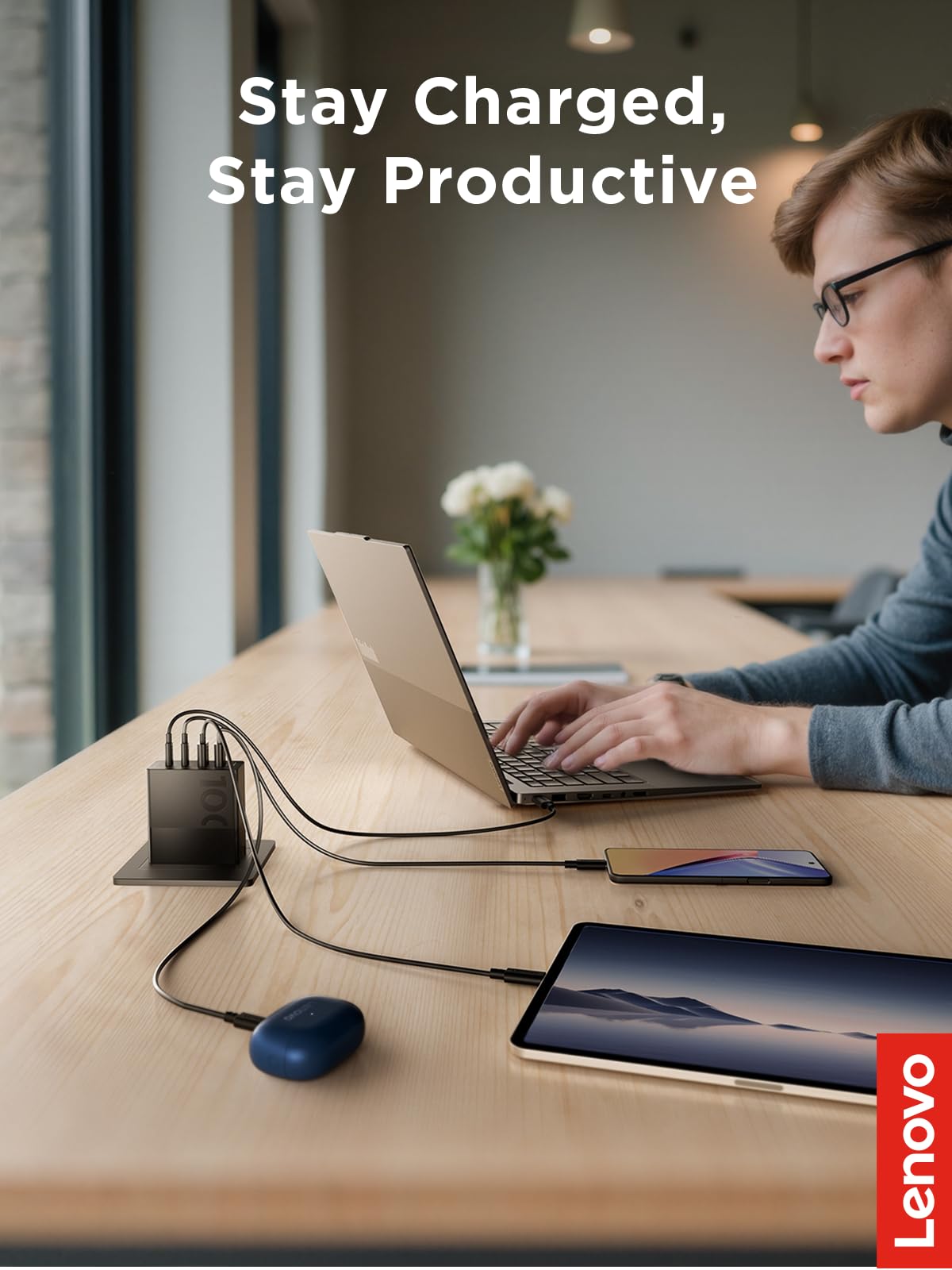 Lenovo Cargador USB C de 100 W, carga rápida multidispositivo de 4 puertos, bloque de alimentación GaN negro con cable de 240 W, para Thinkpad, MacBook, Dell XPS, iPhone, Samsung