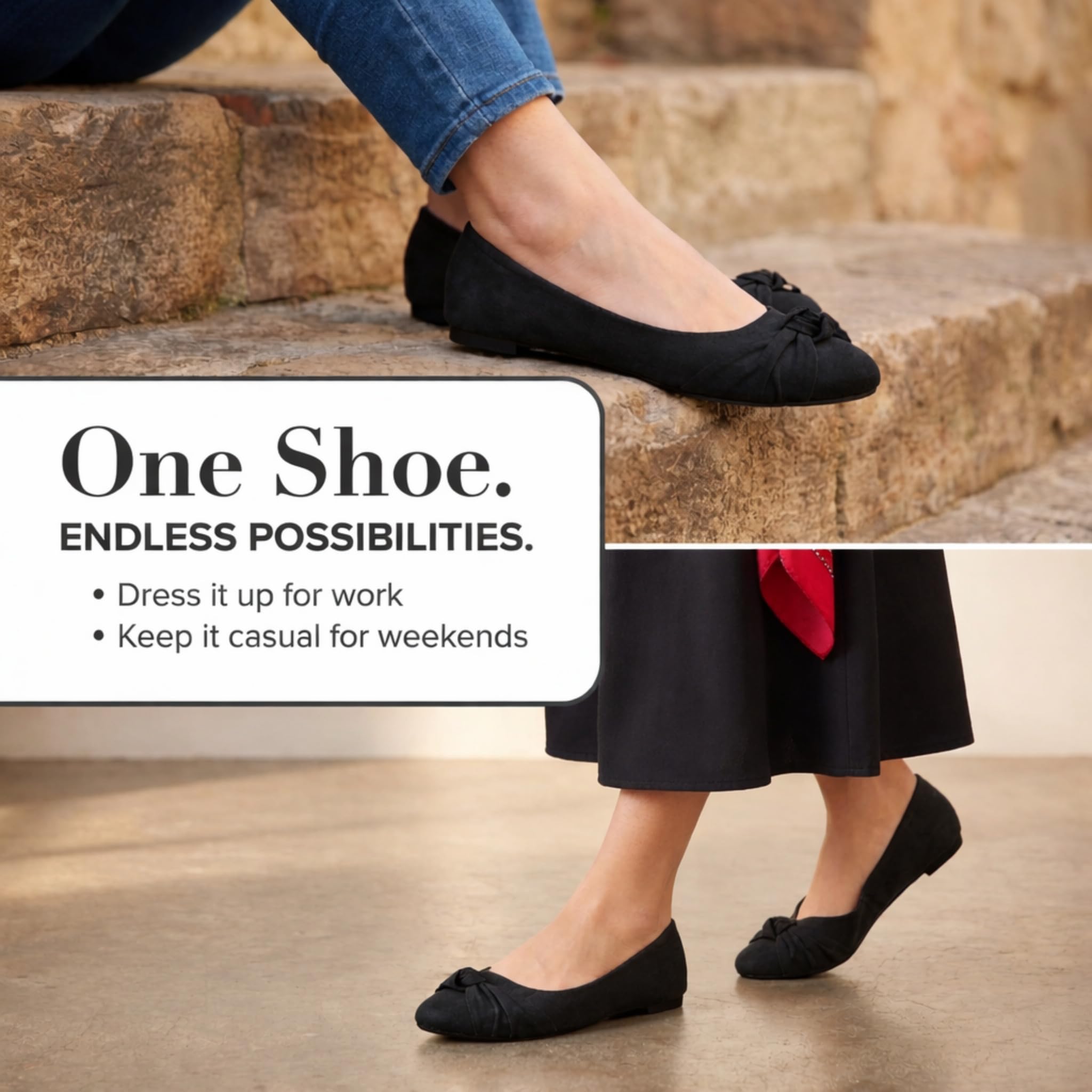 Epic Step Ballet Flats for Women, Comfortable Slip on Faux Suede Round Toe, Ballerina Dressy Flat Shoes (Black, 8)