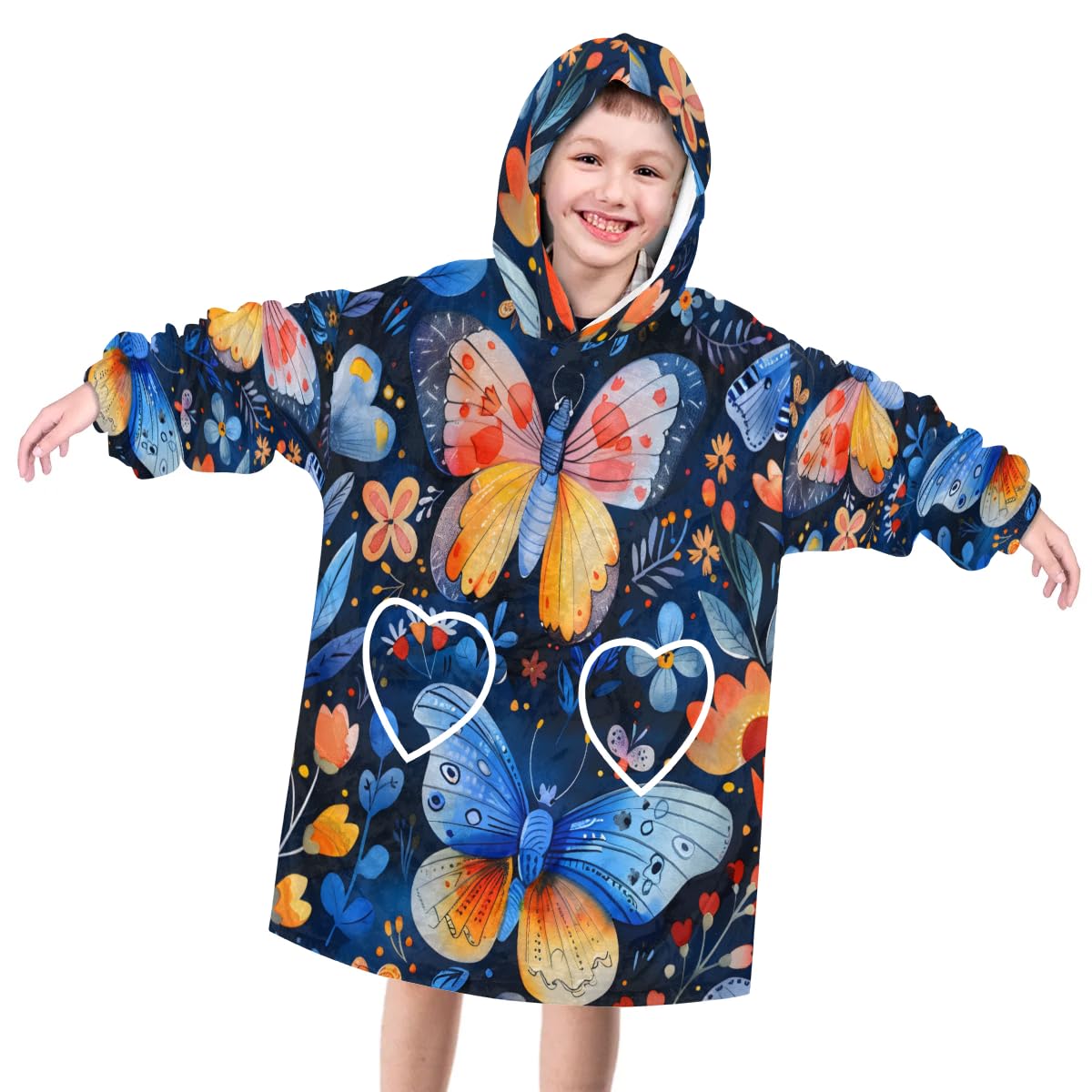 Wearable Blanket Hoodie for Kids, Frolicsome butterfly Fleece Sweatshirt Blanket Oversized Blanket Sweatshirt with Pocket Flannel Warm Hooded Blanket 6-10 Year Old Girl Boy Gift, One Size