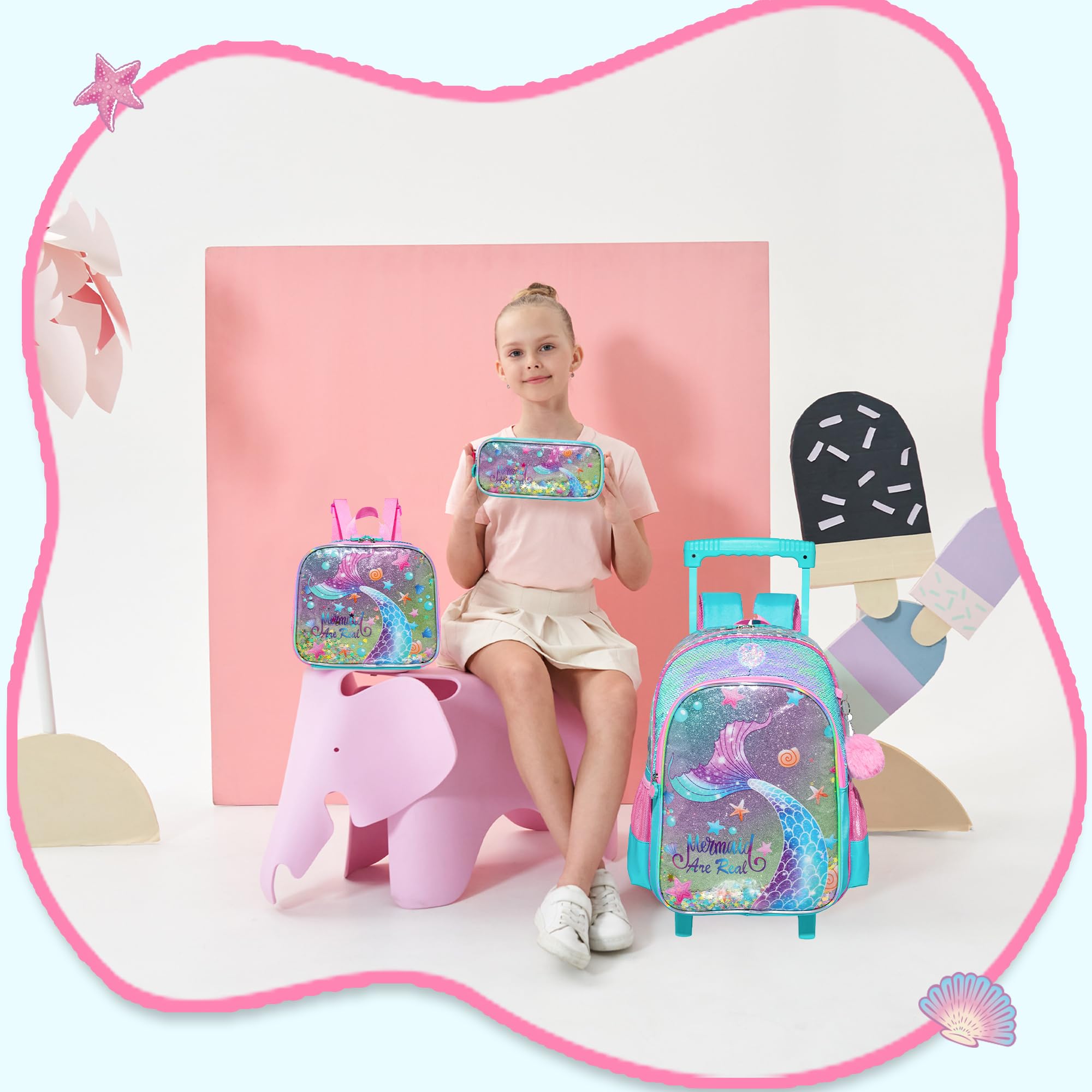 HTgroce Trolley Rucksack Mit Rollen, Federmäppchen, LunchTasche 3 in 1 Leicht Rolling Schulranzen für Mädchen, Schultaschen Trolley Sets