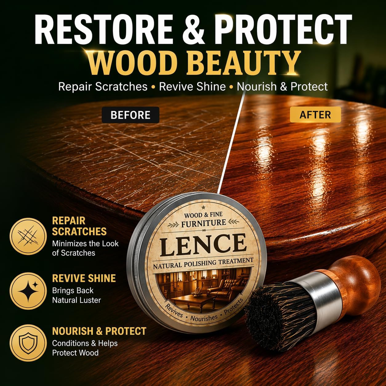 Lence Furniture Balm – All-in-One Wood Scratch Repair, Polishing & Multi-Surface Cleaner for Home & Countertops - Includes Application Brush(2pcs)
