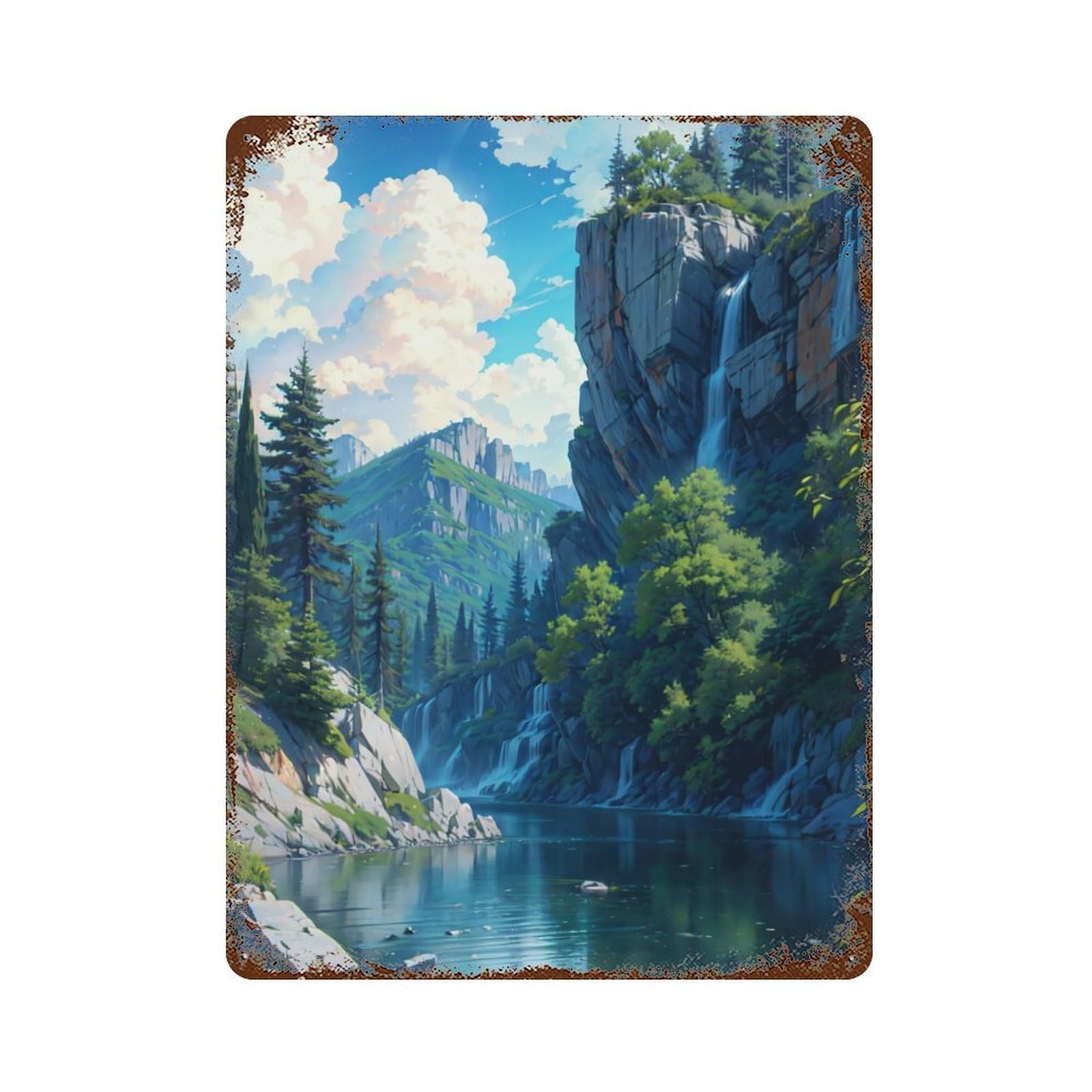 River Mountain Nature Aged Metal Wall Plaque 15.7"x11.8", Decorative Metal Wall Art for Garage, Pub Or Kitchen