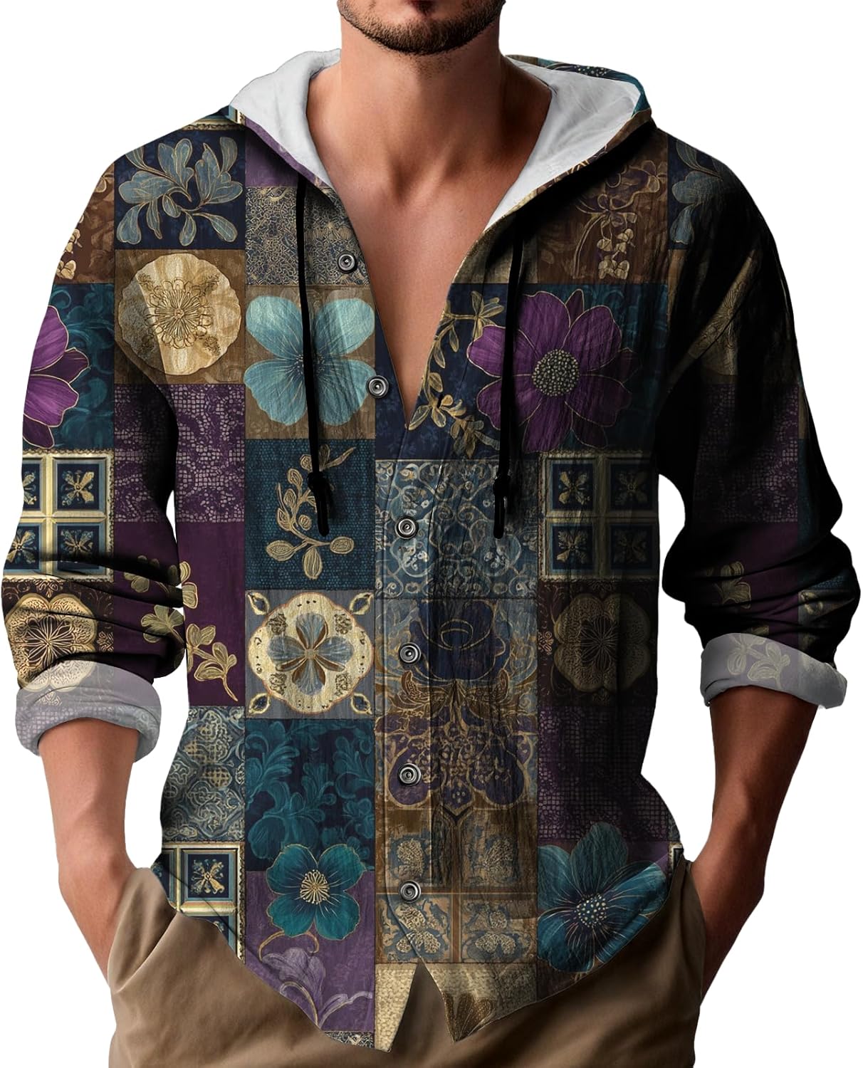 Fashion Vintage Men Hoodies Pullover with Drawstring Baggy Graphic Hoodies Western Streetwear Hawaiian sweatshirt