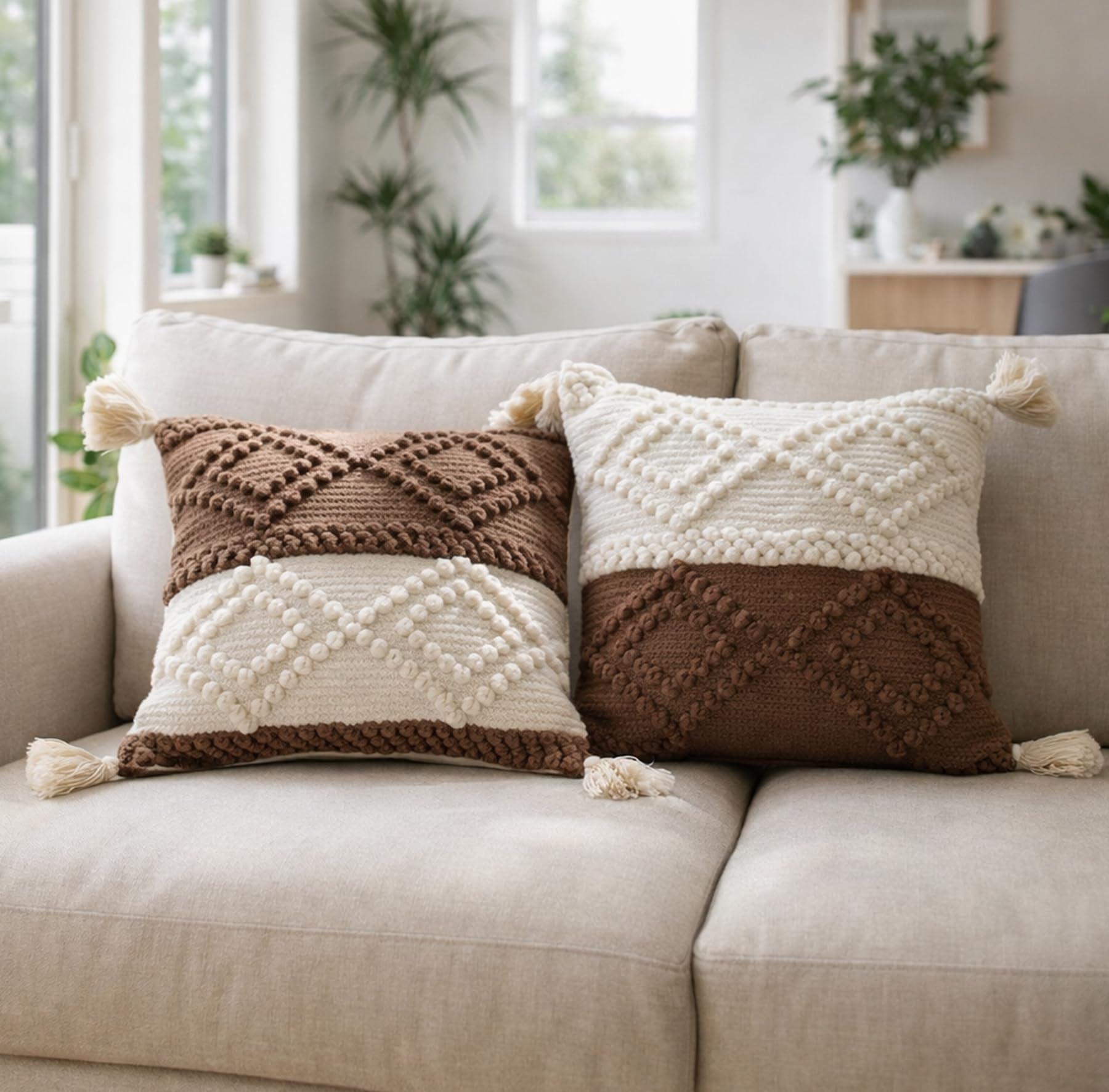 Tufted Decorative Throw Pillow Set of 2 for Sofa & Bed, Boho Textured Filled Cushion with Tassels, Soft Square Accent Pillow, Brown & Beige
