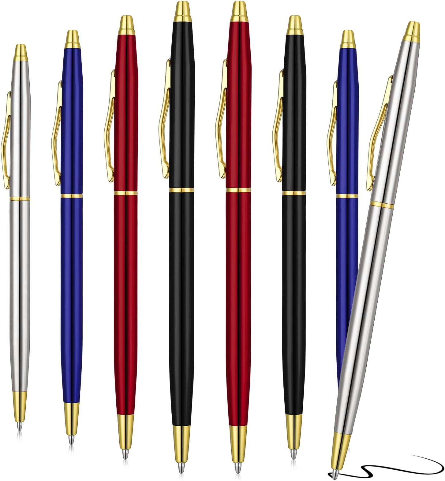 Candcamp 8Pcs Metal Ballpoint Pens Metallic Retractable Pens Stainless Steel Nice Pens, Rollerball Pens Black Ink 1 mm Refillable Pen Gift for Hotel Bank Counter School Office