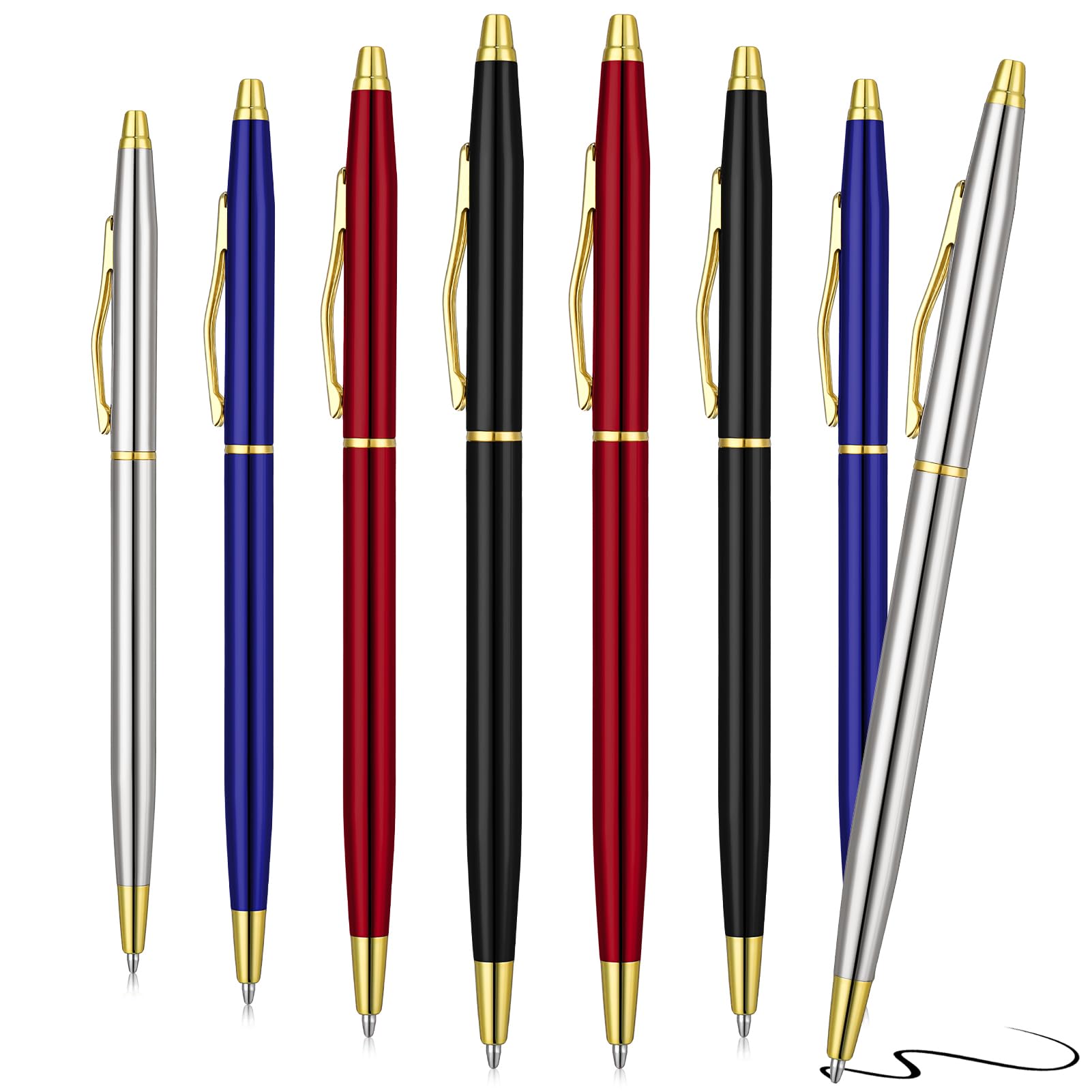Candcamp 8Pcs Metal Ballpoint Pens Metallic Retractable Pens Stainless Steel Nice Pens, Rollerball Pens Black Ink 1 mm Refillable Pen Gift for Hotel Bank Counter School Office