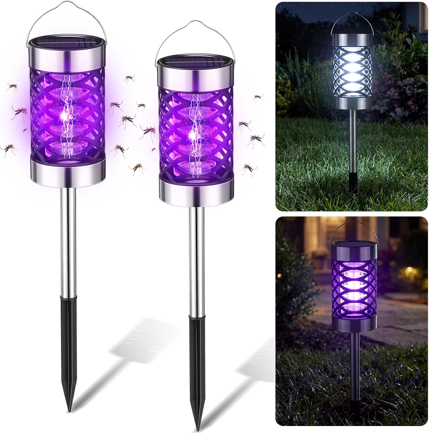 2 Pcs Solar Bug Zapper Outdoor 1200 Mah Mosquito Killer Lamp with LED Lights Waterproof Grid Cylinder Mosquito Repellent Killer Zapper with High Voltage Electric for Garden Patio Yard