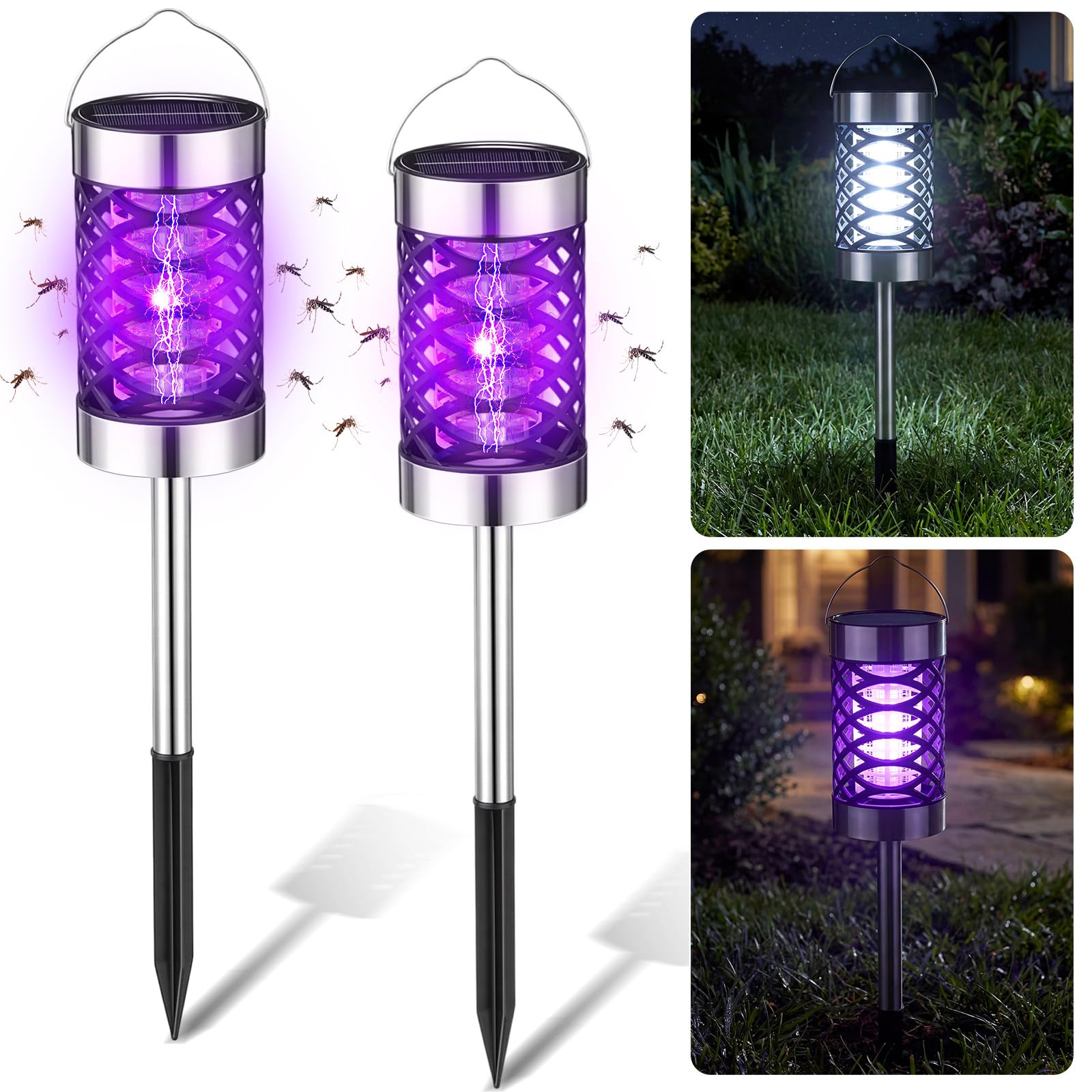 Photo 1 of Mysora 2 Pcs Solar Bug Zapper Outdoor 1200 Mah Mosquito Killer Lamp with LED Lights Waterproof Grid Cylinder Mosquito Repellent Killer Zapper with High Voltage Electric for Garden Patio Yard
