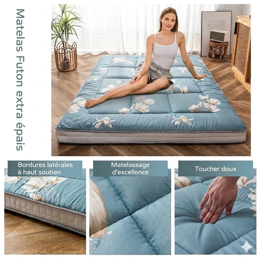MAXYOYO Matelas futon - Matelas de Sol Japonais rembourré - Lit Pliant matelassé en Coton - Matelas Respirant - Tatami - Chaise Longue pour invités (Magnolia, 90 x 190 cm)