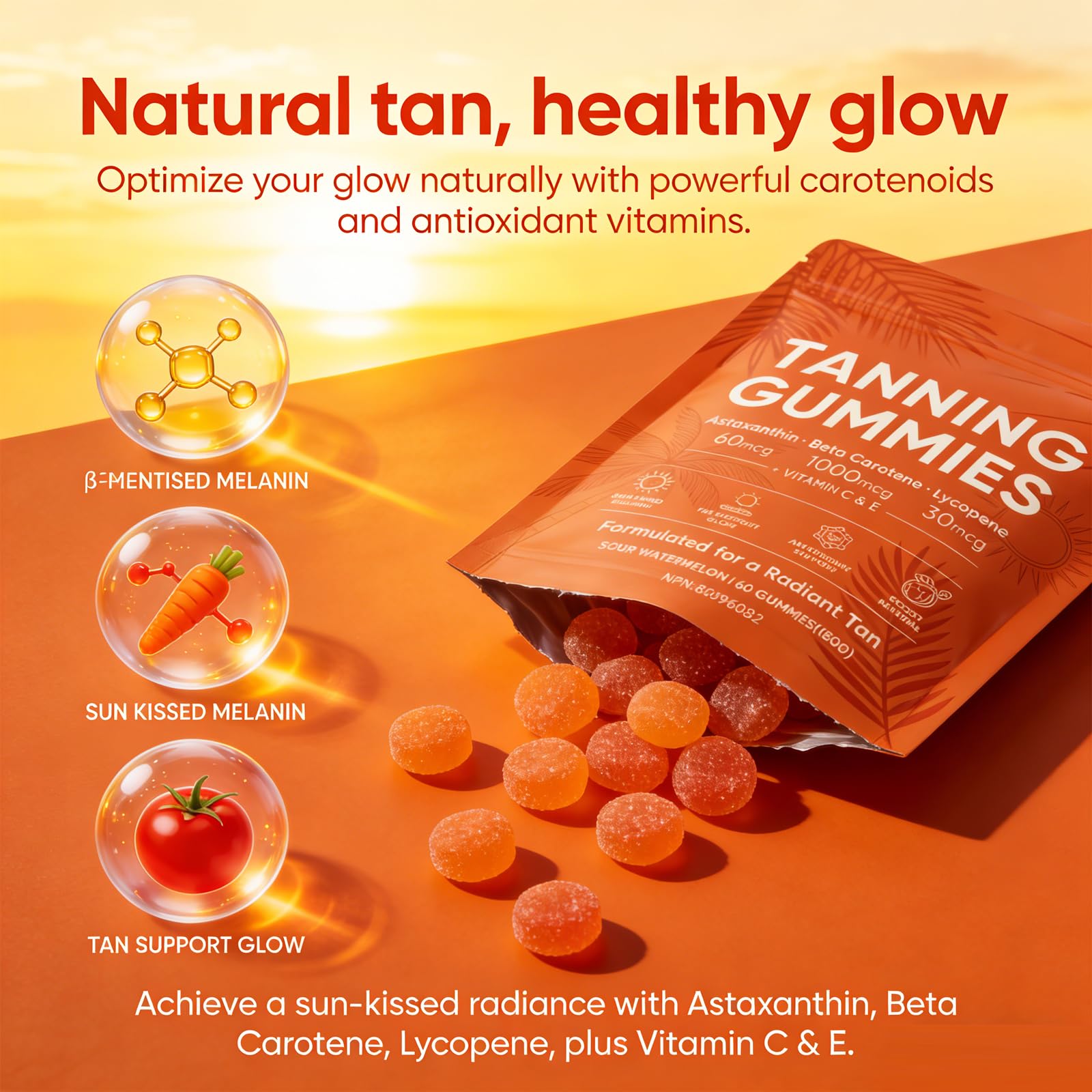 Tanning Gummies for Natural Glow – Skin Radiance Tanning Gummies with Vitamin C, E, Astaxanthin & Beta Carotene, Supports Melanin Production, Vegan, Sugar Free, 60 Count (1 PCS) — view 4