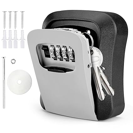 STESHWK Key Lock Box with Wall Mounted Combination House Key Weatherproof Safe Security Key Storage Locker Small Box, 4-Digit Resettable Code Outdoor Lock Box