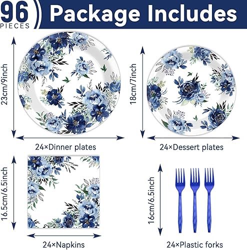 Miniatura 2 de Juego de 96 platos de fiesta de peonía, servilletas y vajilla de flores azules, vajilla desechable, decoración floral azul marino, regalos de