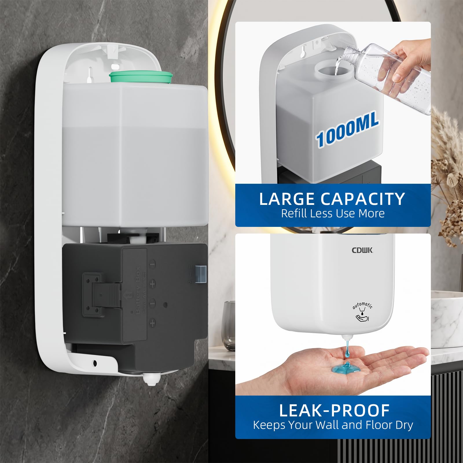 Dispensador automático de jabón, montaje en pared de 33.8 onzas, sin contacto, a prueba de fugas | Desinfectante líquido de manos de 1000 ml, impermeable, comercial, hogar, cocina, baño, hospital, hotel, restaurante, oficina