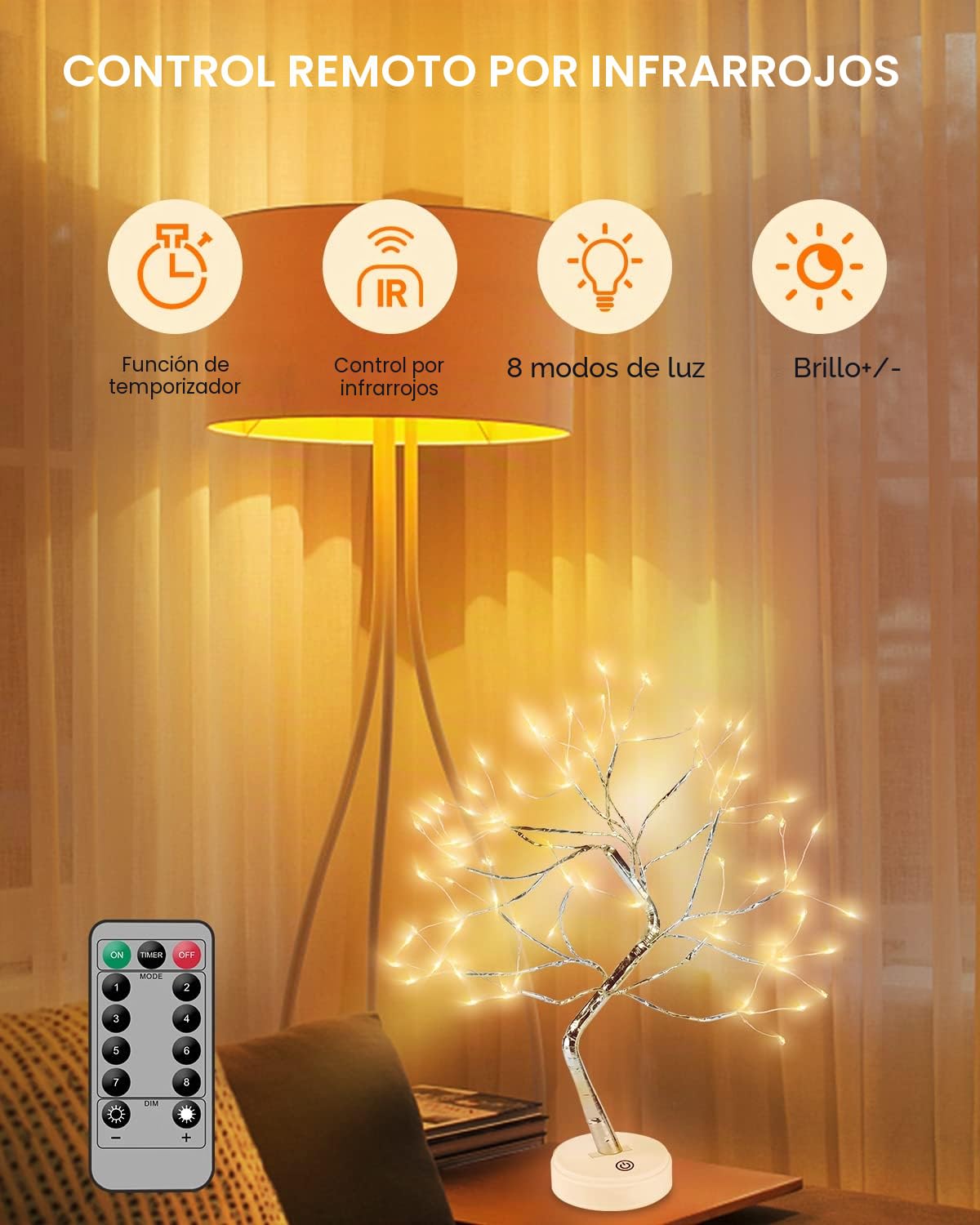 Arbol Luces LED, 108 LED Arbol Lampara Mesa, 8 Modos de Luz y Operación de Control Remoto y Temporizador, Adecuado para Decoración del Hogar, Navidad, Regalos