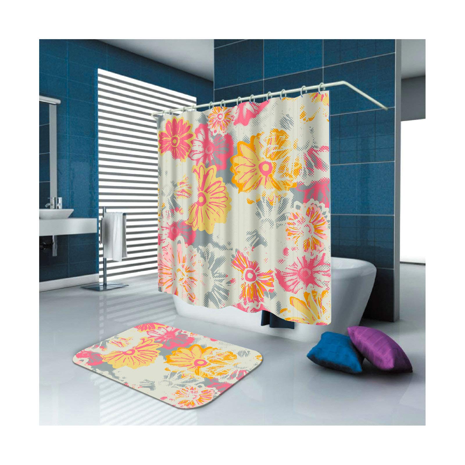 Daesar Dywanik łazienkowy WC 40 x 60 kwiaty 150 x 180 cm zasłona łazienkowa vintage zestaw 2-częściowy
