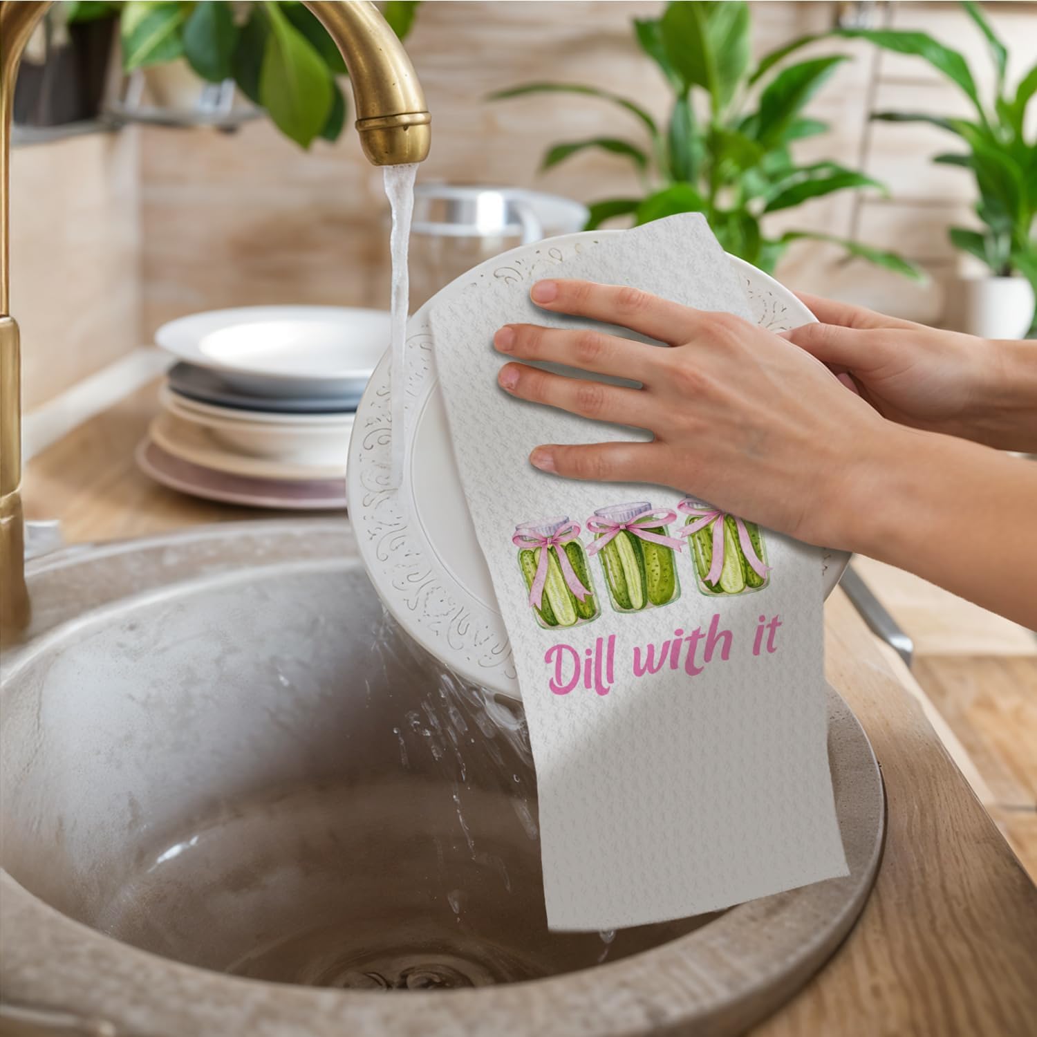 Pickle Gifts Kitchen Towels, Gifts for Pickle Lovers Dish Tea Towels for Kitchen Decor, Dill with It Coquette Pink Bow Decorative Hand Towels, 16x24 Inch - Image 2