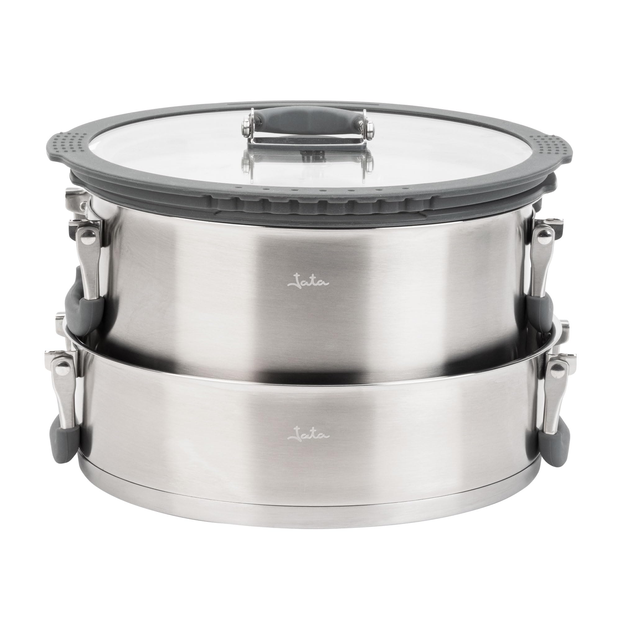 JATA HOGAR HBAT2552 - Set de Ollas Apilables de Acero Inoxidable 304, 3 Ollas con Tapas de Cristal, Asas Plegables con Silicona, Ahorro de Espacio, Aptas para Inducción, Gas y Vitrocerámica