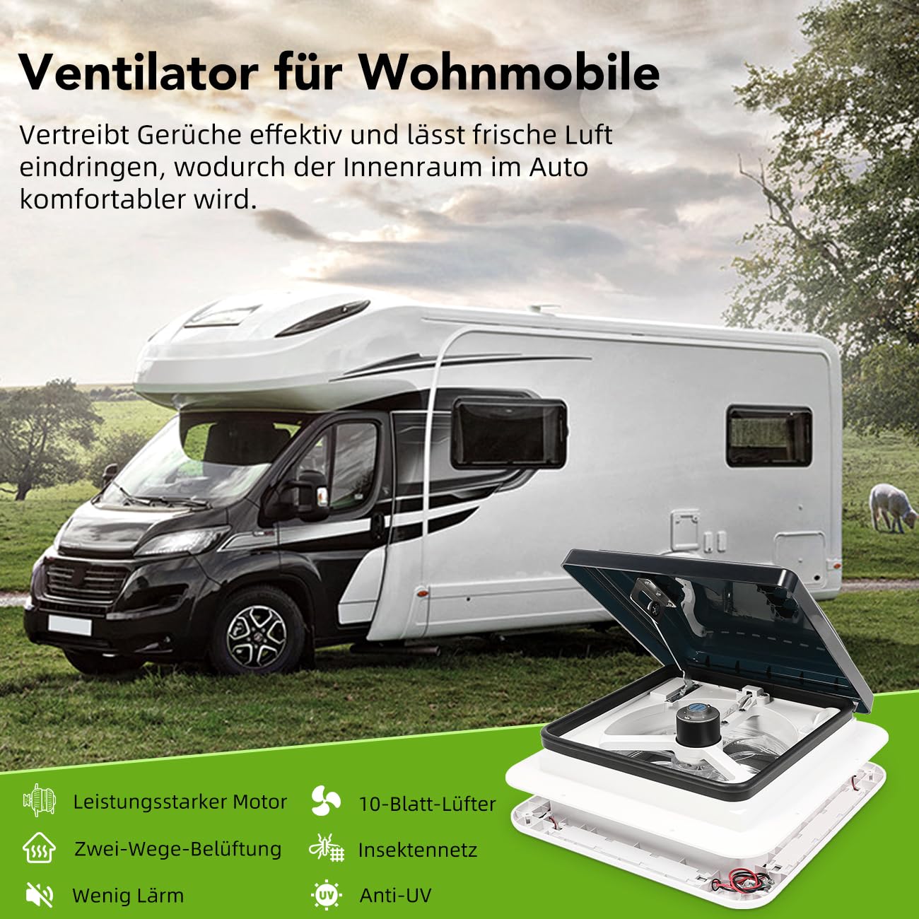 Dachluke Dachfenster Dachhaube 28 x 28 Wohnwagen Wohnmobil Caravan mit Insektenschutzgitter, Milchglashaube, Teleskopausstellern, UV-beständigem Kunststoff mit LED-Licht & Abluftventilator 12V