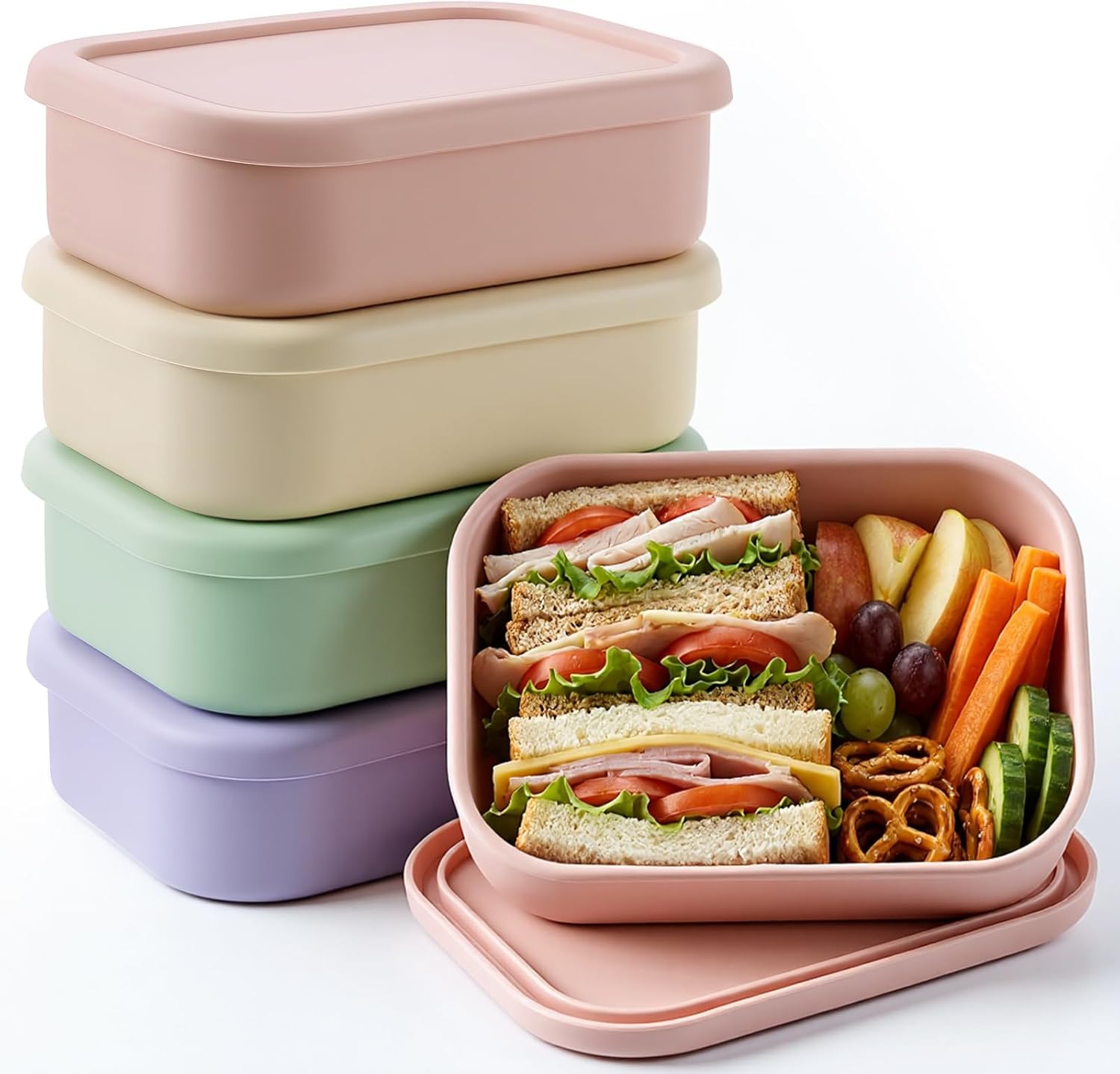 Layhit 4 Pcs Silicone Bento Box Lunch Box for Adult, 23.7 oz Reusable Sandwich Containers Food Storage with Lids Airtight for Lunch Meals Snacks, Dishwasher Freezer Safe (Gray Lotus Pink Multicolor)