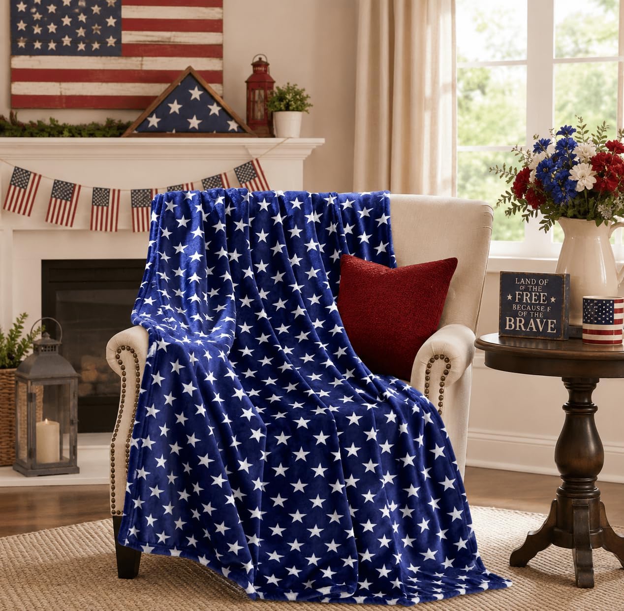 Serafina Home Summer Patriotic Velvet Fleece Throw Blanket: 4th of July Decor America White Stars on a Navy Background Design, Oversized 50" x 70"