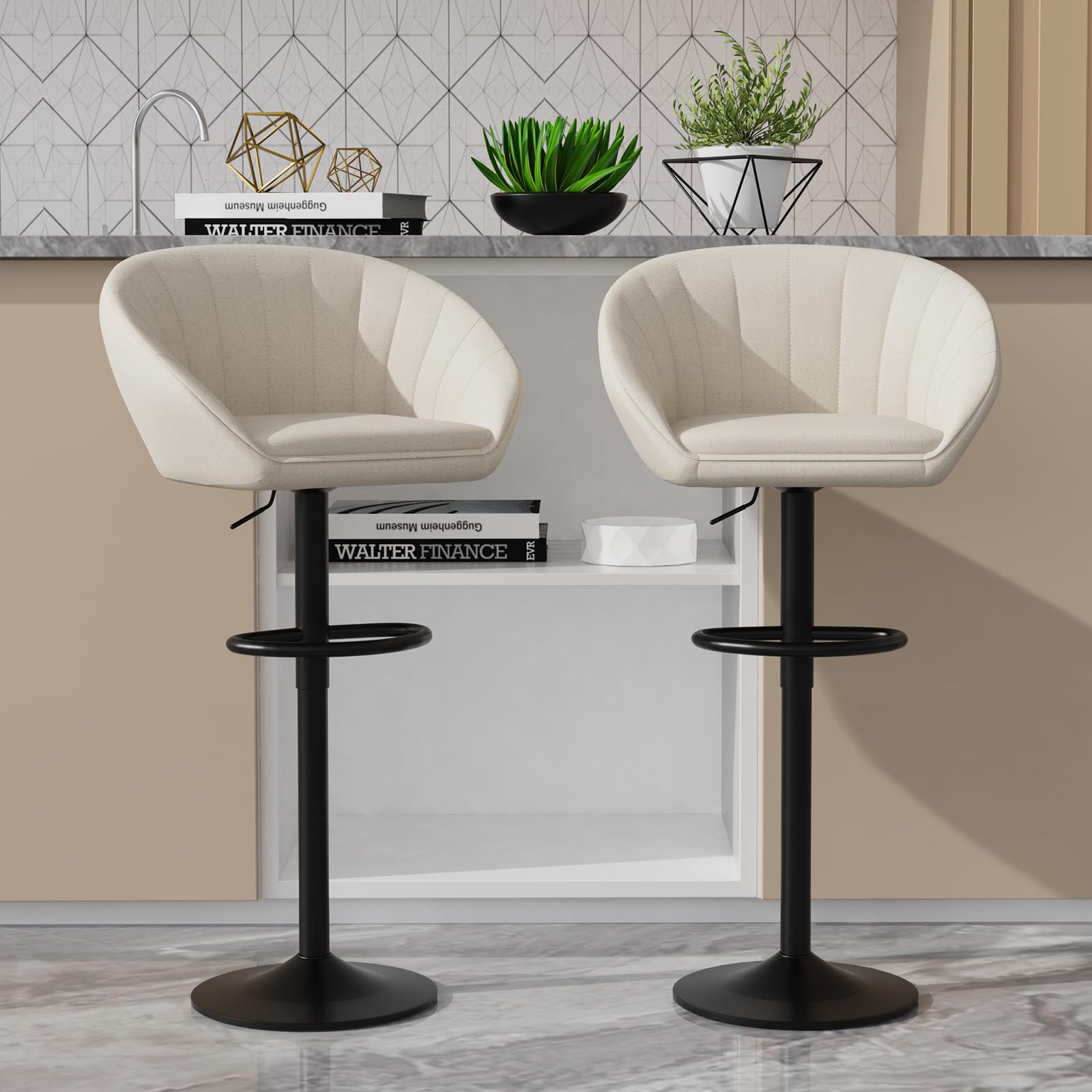 Set of 2 Bar Stool, Kitchen High Stools with Back, Adjustable High Stools 89-102 cm, Fabric Tall Tasburete Kitchen Chair, Bar Chair for Kitchen Bar Dining Room (Beige)