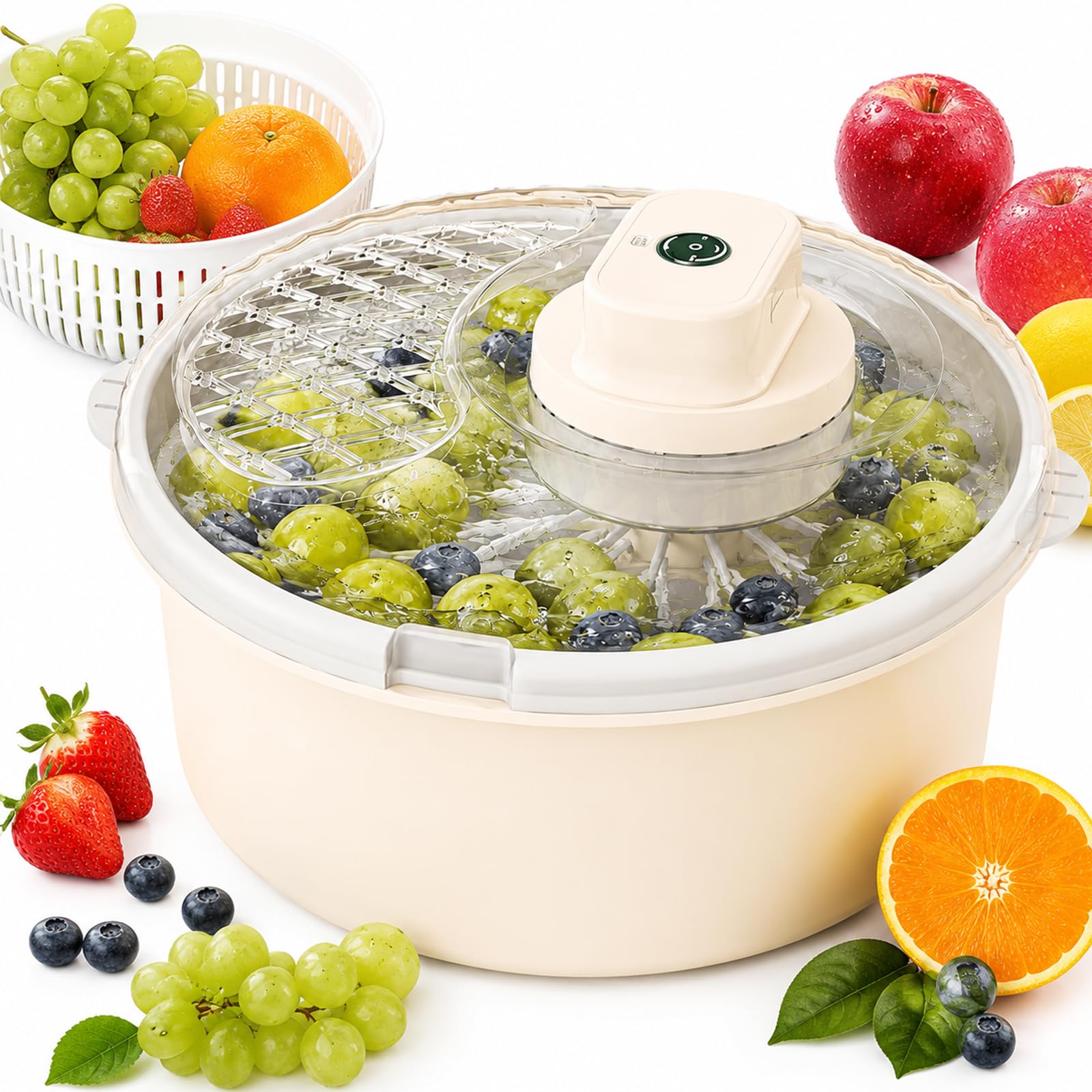 Centrifuga elettrica per Lavatrice per Frutta, Lavaggio e centrifuga a 360° | 12 testine e base antiscivolo, ciotola per la pulizia di frutta e verdura, per insalata di lattuga(white)