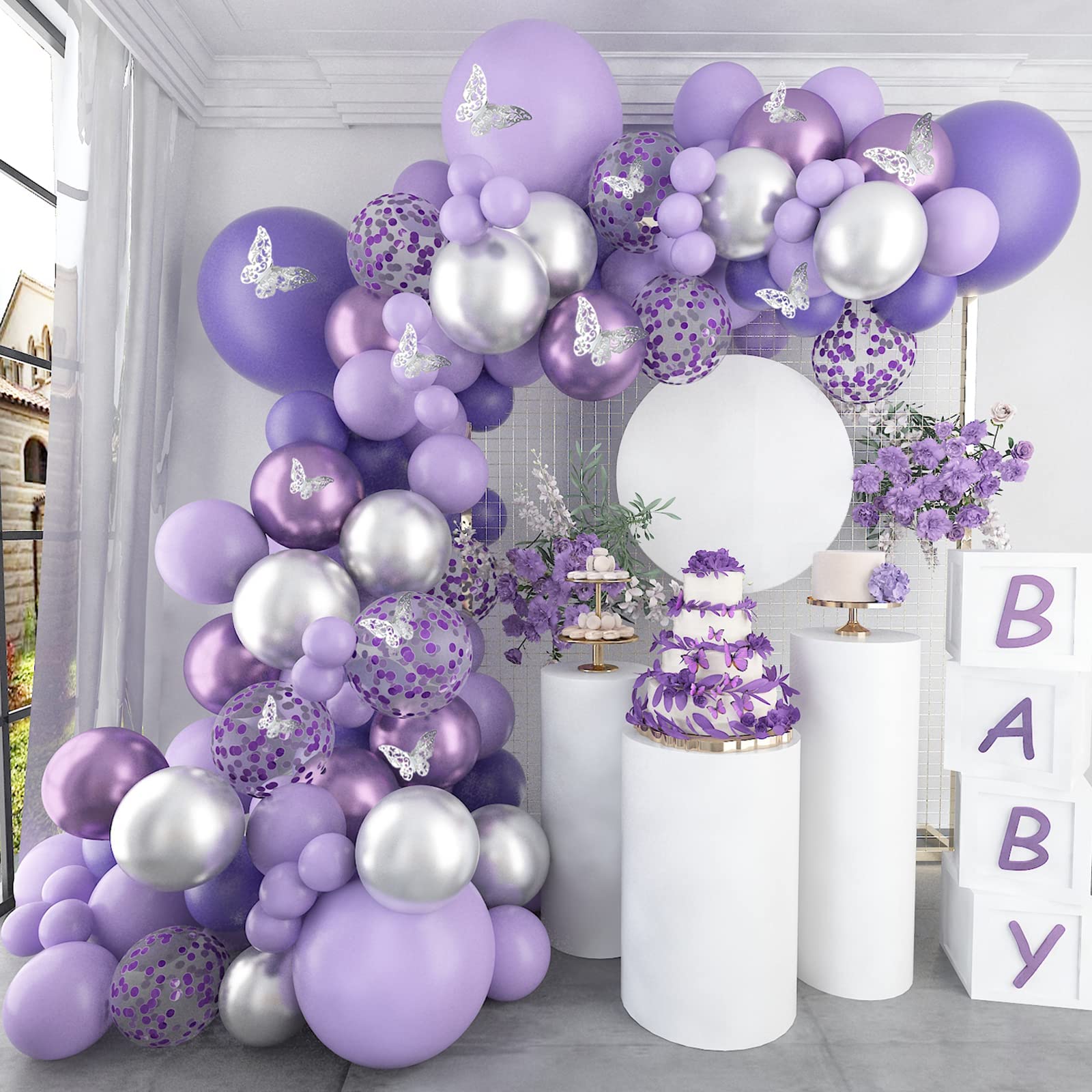 Excefore Party Decorations, 140 Pcs Butterfly Birthday Party Decorations Set, Purple Balloons Arch Garland Kit, Purple Butterfly Party Supplies Banners, Confetti Foil Balloons for Girl Birthday Party