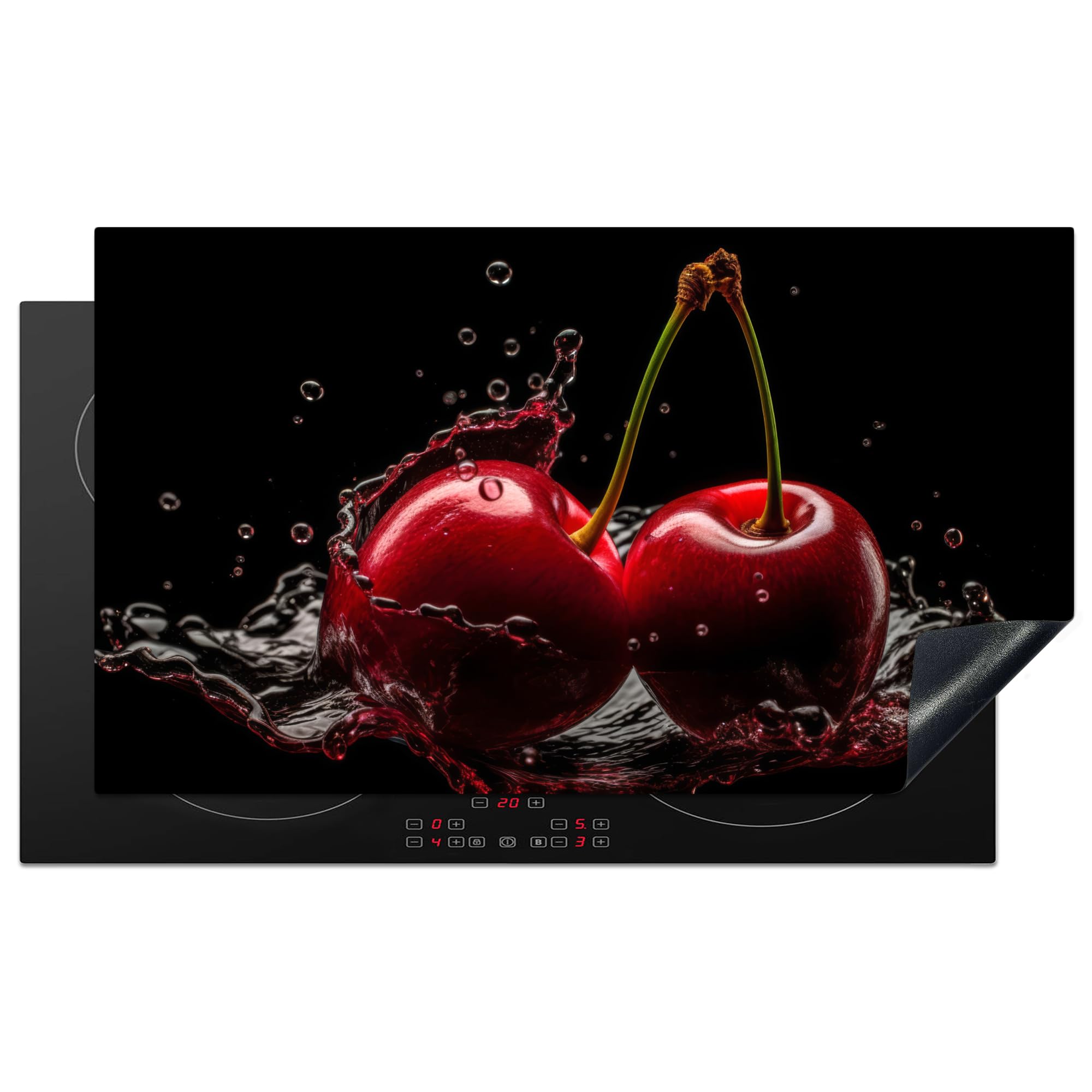 KitchenYeah© Cubre Vitrocerámica - Protector Vitroceramica Induccion 90x52 cm - Tapa Vitroceramica - Protector de Vitroceramica Cerezas - Rojas - Fruta - Agua - Negro