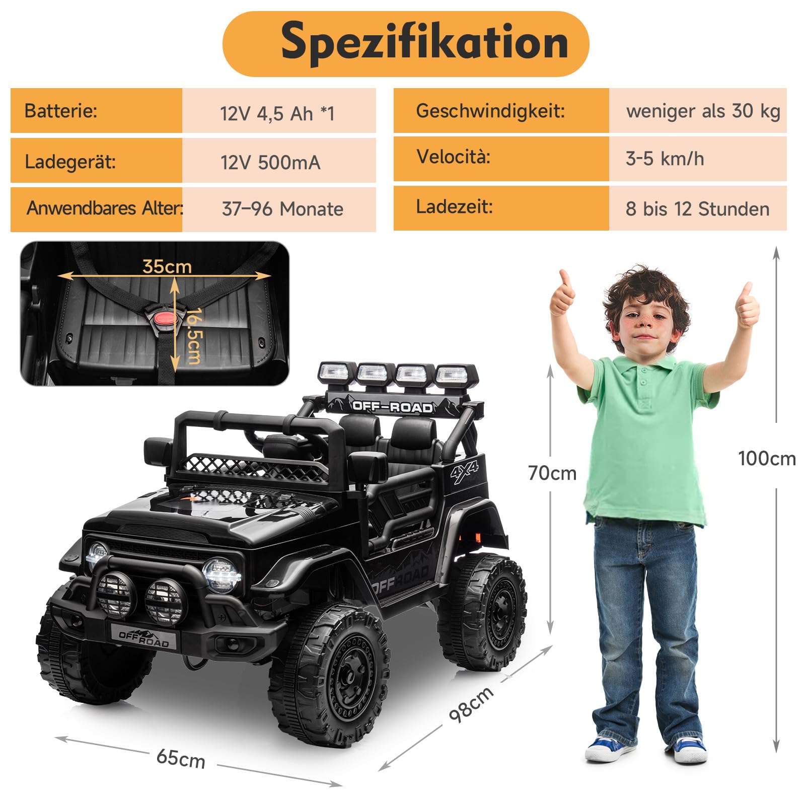 HAUSPROFI Kinder Elektroauto 12V, Elektroauto für Kinder mit 2,4G Fernbedienung, LED, Bluetooth, Musik, 3-5 km/h, Kinderauto Elektrisch, Elektro Kinderauto für ab 3 Jahren, Schwarz