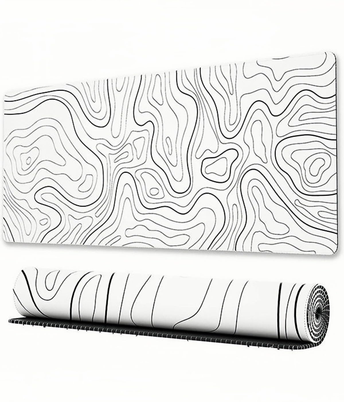 ALMEKAQUZ Large Gaming Mouse Pad with Stitched Edges 800 x 300 x 3mm, Non-slip Rubber Base, Minimalist Topographic Map Desk Mat, Desk Pad for Keyboard and Mouse, for Home and Office (White)