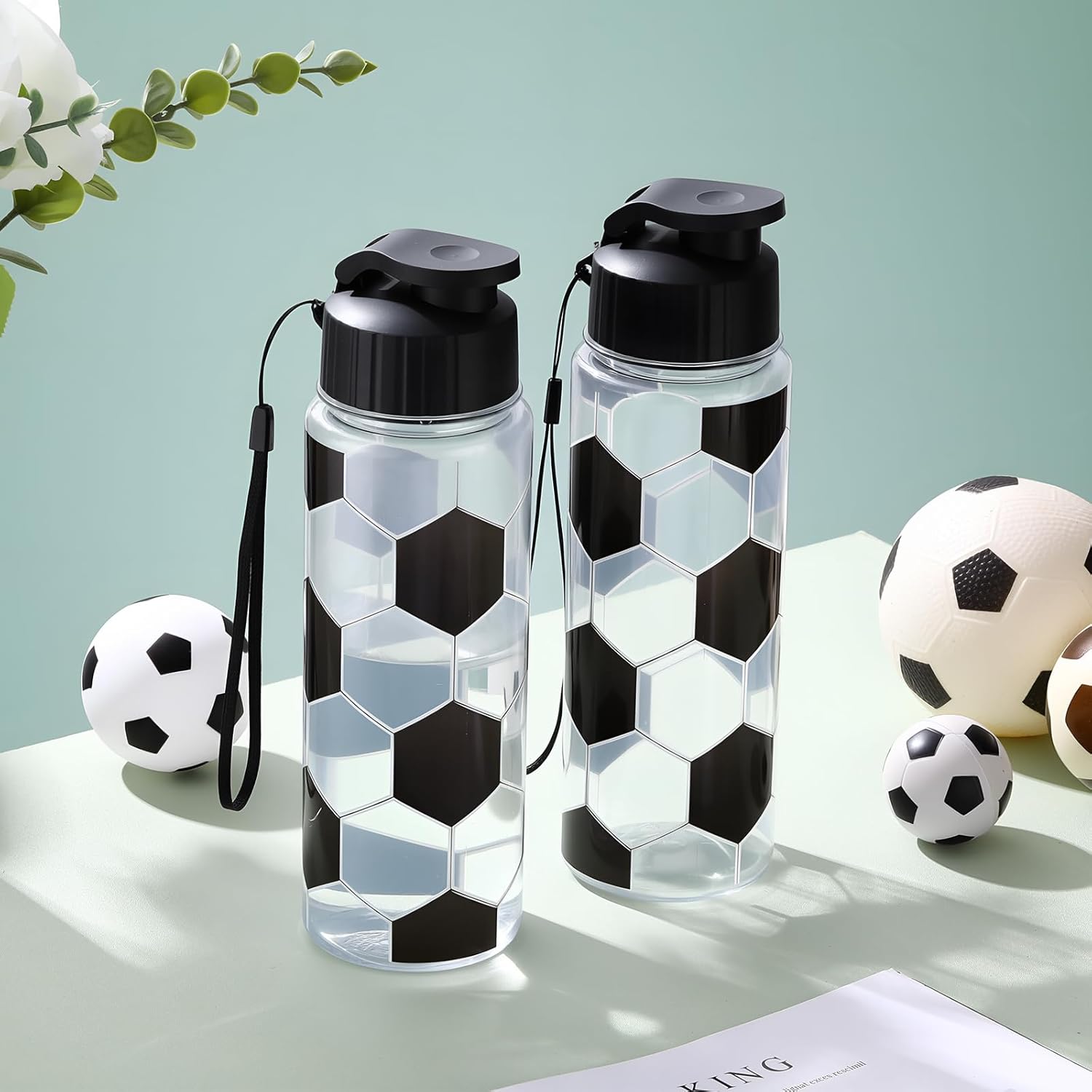 Mifoci 20 Pieces Sports Water Bottle Bulk 17 oz Reusable Plastic Biking Water Bottle Tumbler Adults Reusable Large Bottles with Leak Proof Flip Top for Party Outdoor (Soccer,Black and White)