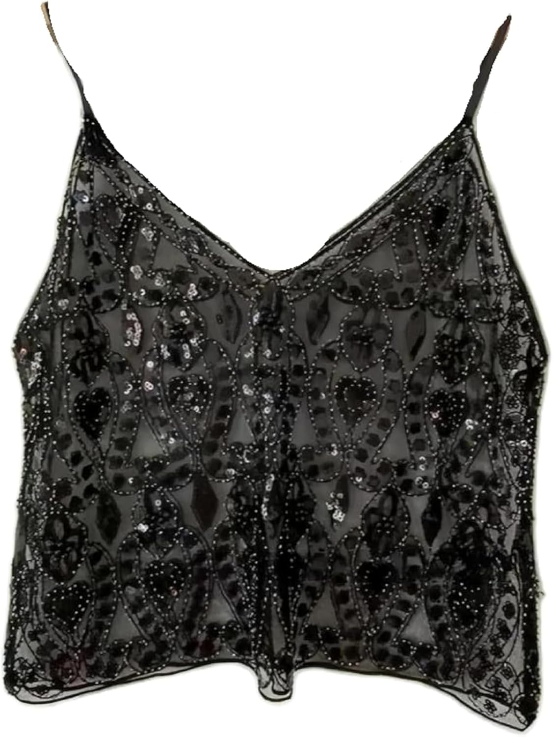 Womens Summer Sequin Sparkle Strape Camisole See Through Tank V Neck Y2k Cute Beaded Top