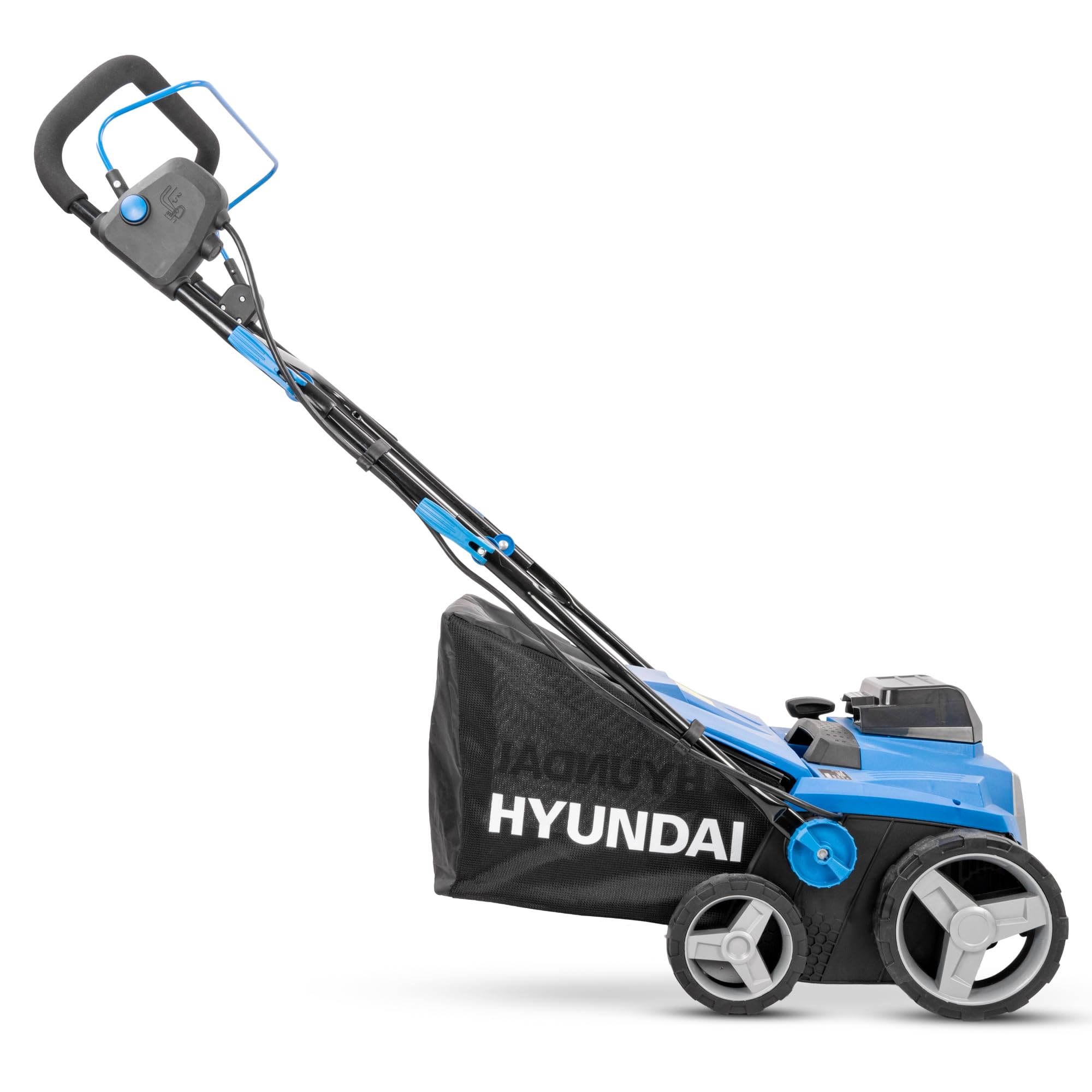 Hyundai Spazzatrice artificiale senza fili da 38 cm 40 V (2 x 20 V), motore senza spazzole, borsa di raccolta da 45 l, 5 impostazioni di altezza, 2 batterie da 4,0 Ah e caricabatterie