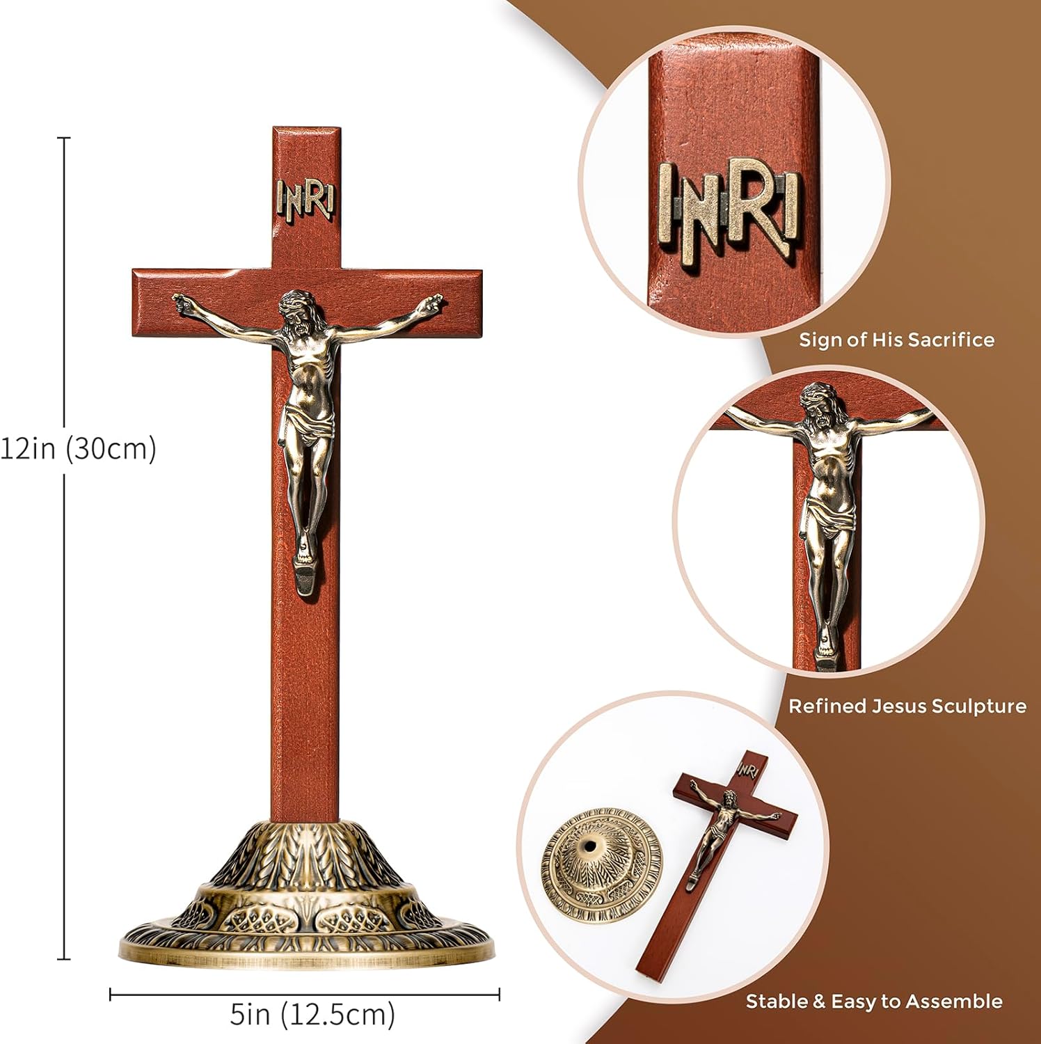 ACHIBANG 12" Crucifix Wall Cross with Stand – Catholic Wooden Standing and Hanging Jesus Cross with INRI for Home or Prayer Room - Image 2