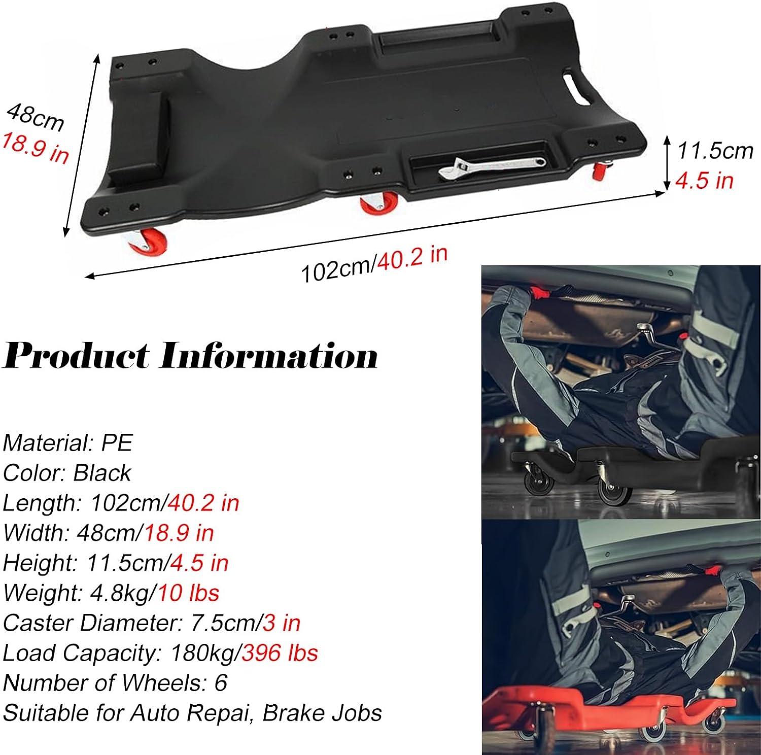 36 40 in Automotive Creeper, Ergonomically Designed Creeper Seat with Handle & 6 360° Swivel Wheels, Creeper for Garages/Cars Repair Shops/ 4S Stores(Black,40.2x18.9x4.5 in(LxWxH))