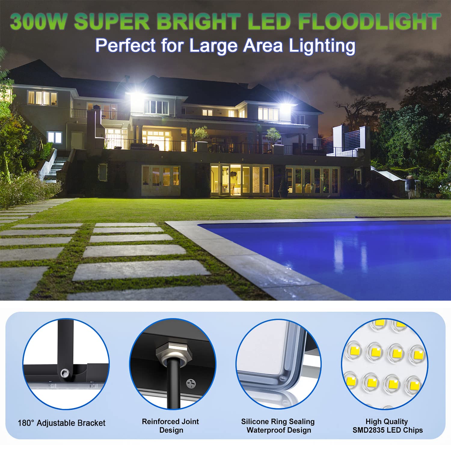 YIQIBRO Faretto LED da Esterno 300W, 30000LM 6500K Super Luminoso Bianco Freddo Faro LED Esterno con Trasformatore, IP67 Impermeabile Luce di Sicurezza per Giardino Garage Fabbrica Stadio Terrazza