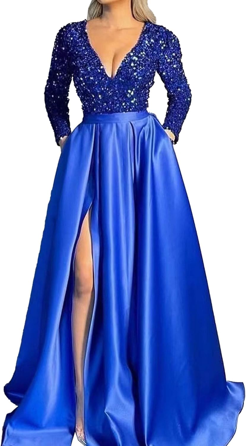JEKE-DG Women's High Slit Slim Fit Cocktail Party Dress Deep V Neck Elegant Wedding Dress Flowy Solid Comfort Dresses