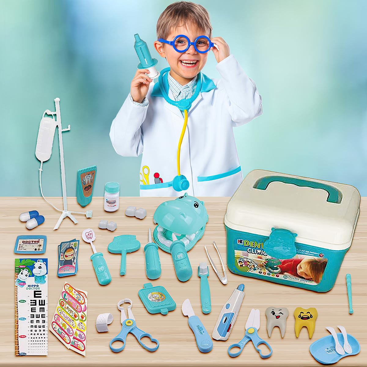 Koolbitz 38Pcs Dentist Toys for Kids Pretend Doctor Set including Dentist Kit and Dental Play Case, Hippo Teeth Model - Image 8