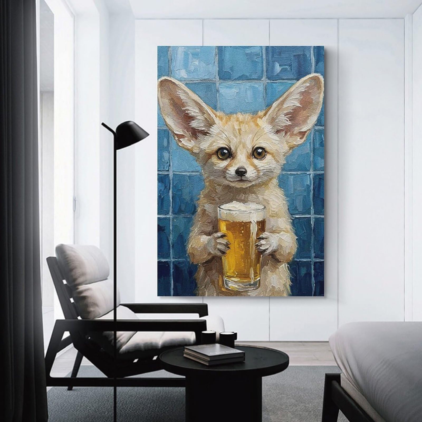 Junmoney Unframe-Style-16 Fennec Fox With Beer Painting Wall Picture Print, 20X30inch(50X75cm), For New Homes, Bedrooms Or Workspaces, Thoughtful Wall Decor For Art Lovers