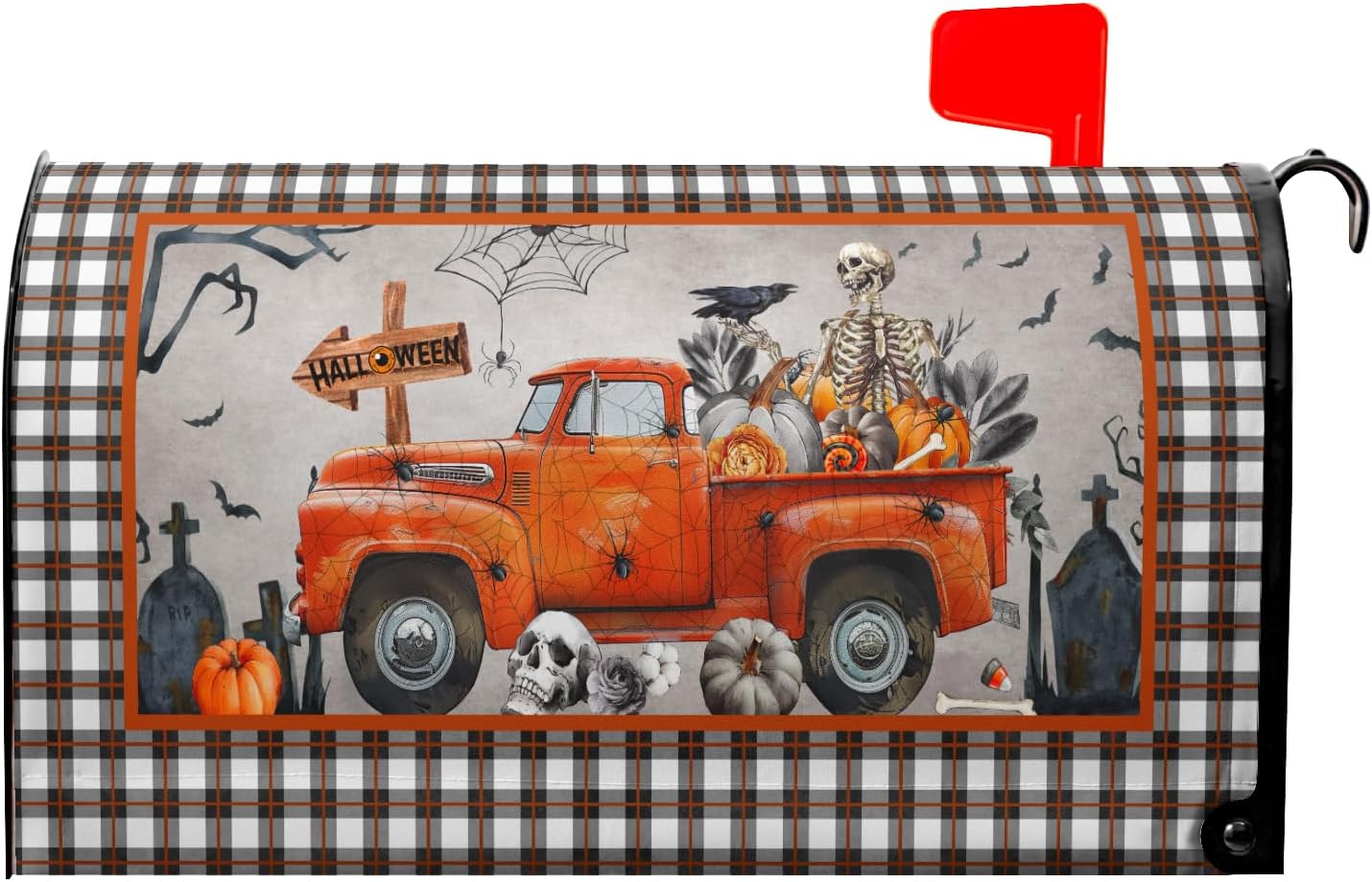 Happy Halloween Spooky Truck Mailbox Cover Magnetic Standard Size 18x21 Inch Halloween Scary Skeletons Decoration Magnetic Mailbox Wraps Holiday Post Letter Box Cover for Garden Yard