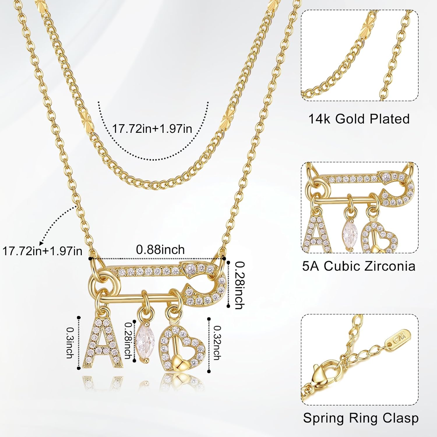 Safety Pin Initial Necklace for Women,14k Gold Plated Layered Chain Choker Necklaces,Cubic Zirconia Letter Teardrop & Heart Charms Dainty Personalized Name Pendant Jewelry Gift - Image 6