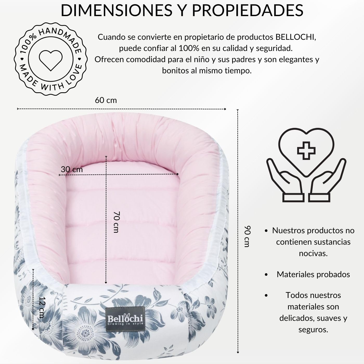 Bellochi Nido Bebe Recien Nacido, Reductor de Cuna Nido para Bebe - 100% Algodón - OEKO-TEX Certificado - 90x60x12cm con Bordes Protectores - Pink Berry