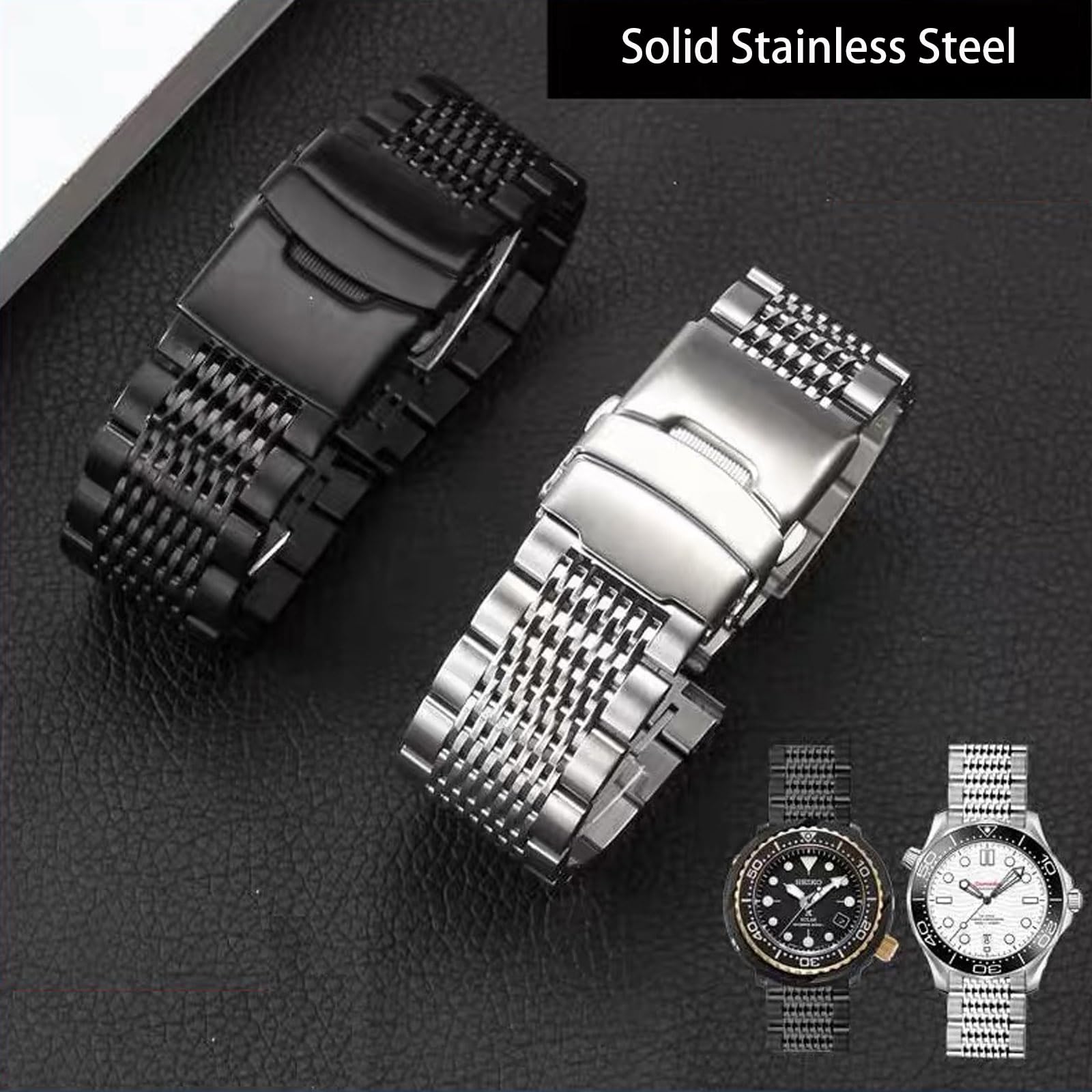 Boache Stainless Steel Watch Band Quick Release Matte Metal Replacement Strap with Double-Lock Deployment Clasp Polished Watch Bracelet 18mm 20mm 22mm 24mm Universal Replacement Band for Men Women